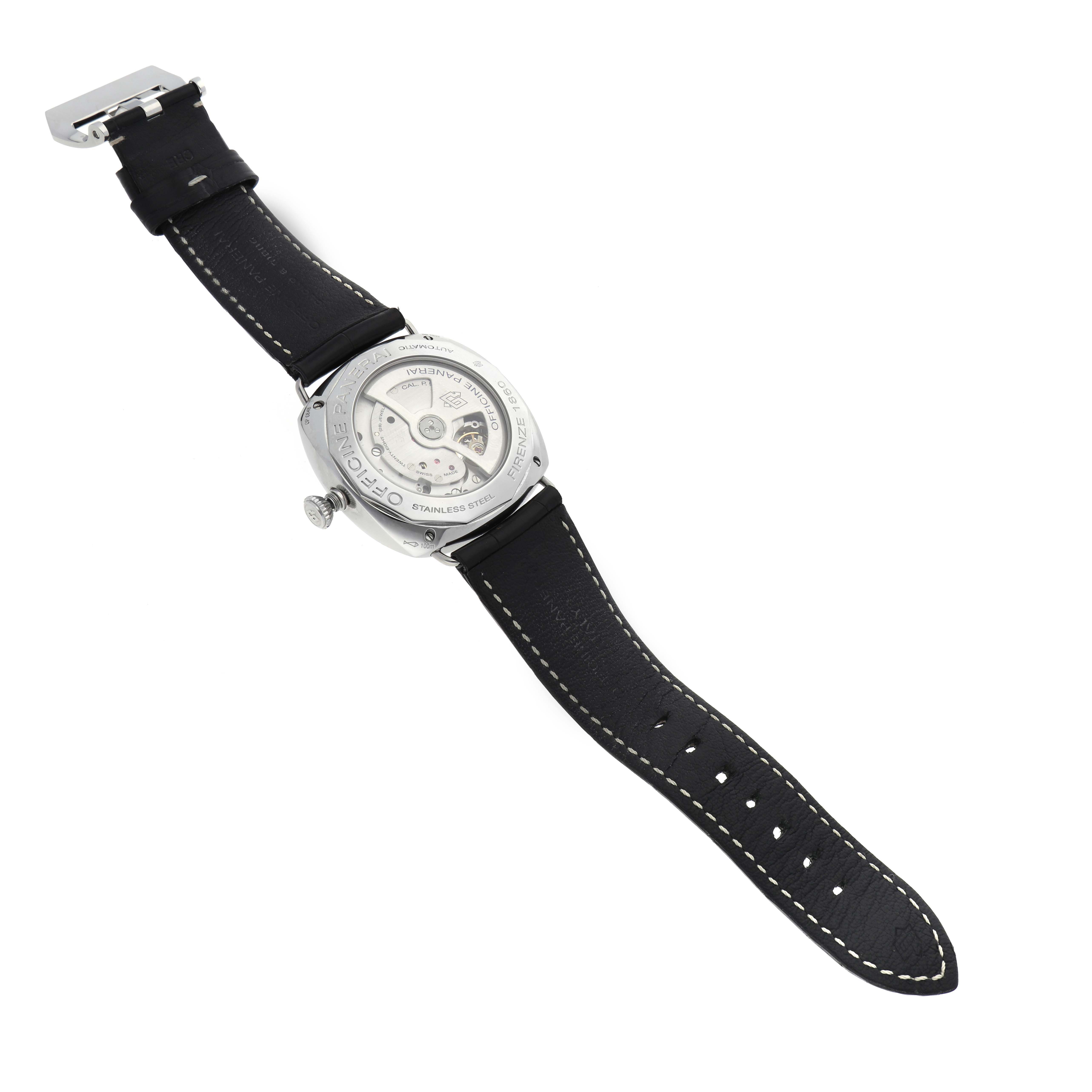 The image shows the back view of a Panerai Radiomir PAM00388 Men's Stainless Steel Black Dial PAM00388 Men's Stainless Steel Black Dial watch, displaying its movement and strap.