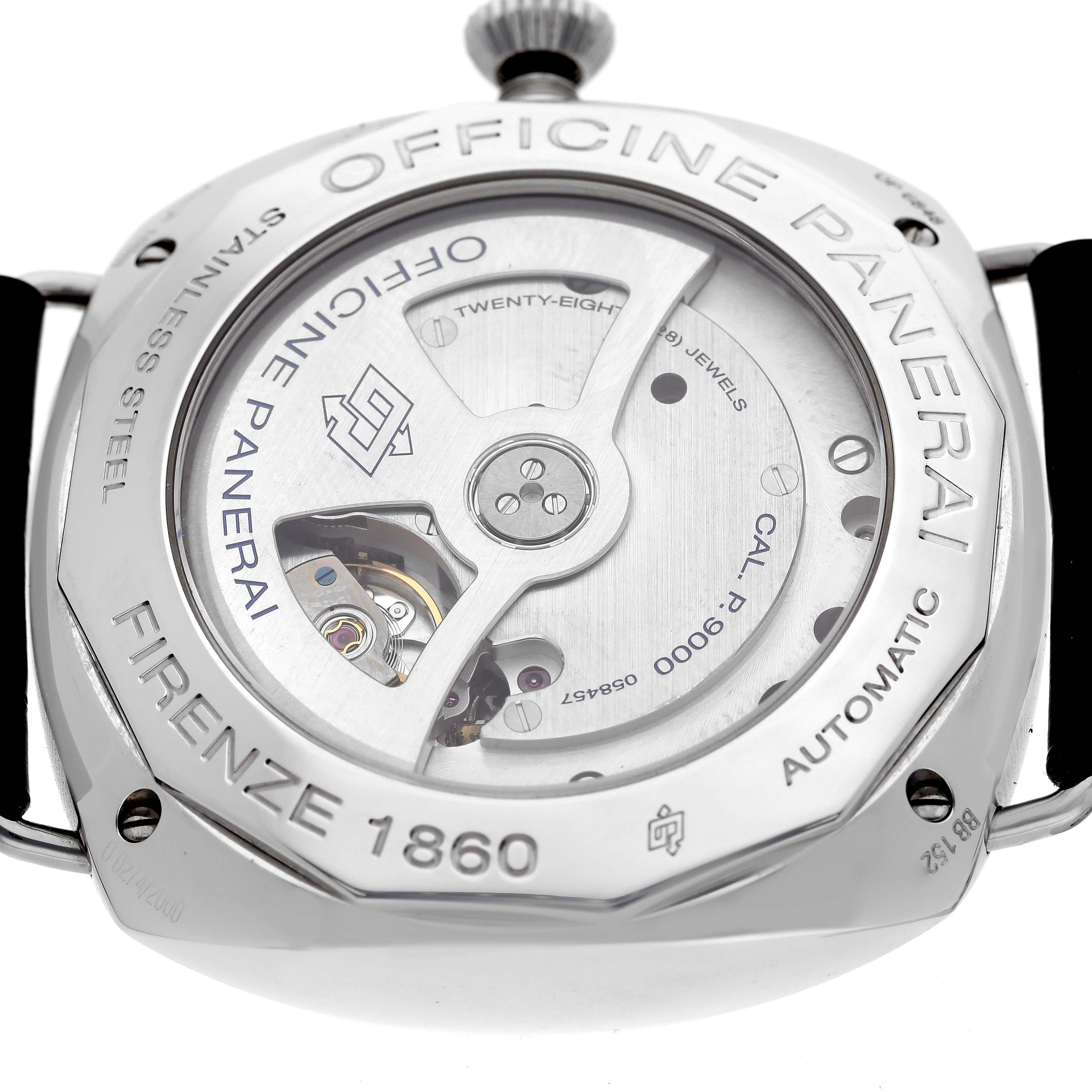 The image shows the back view of a Panerai Radiomir PAM00388 Men's Stainless Steel Black Dial PAM00388 Men's Stainless Steel Black Dial watch, highlighting the movement and the inscriptions on the case.