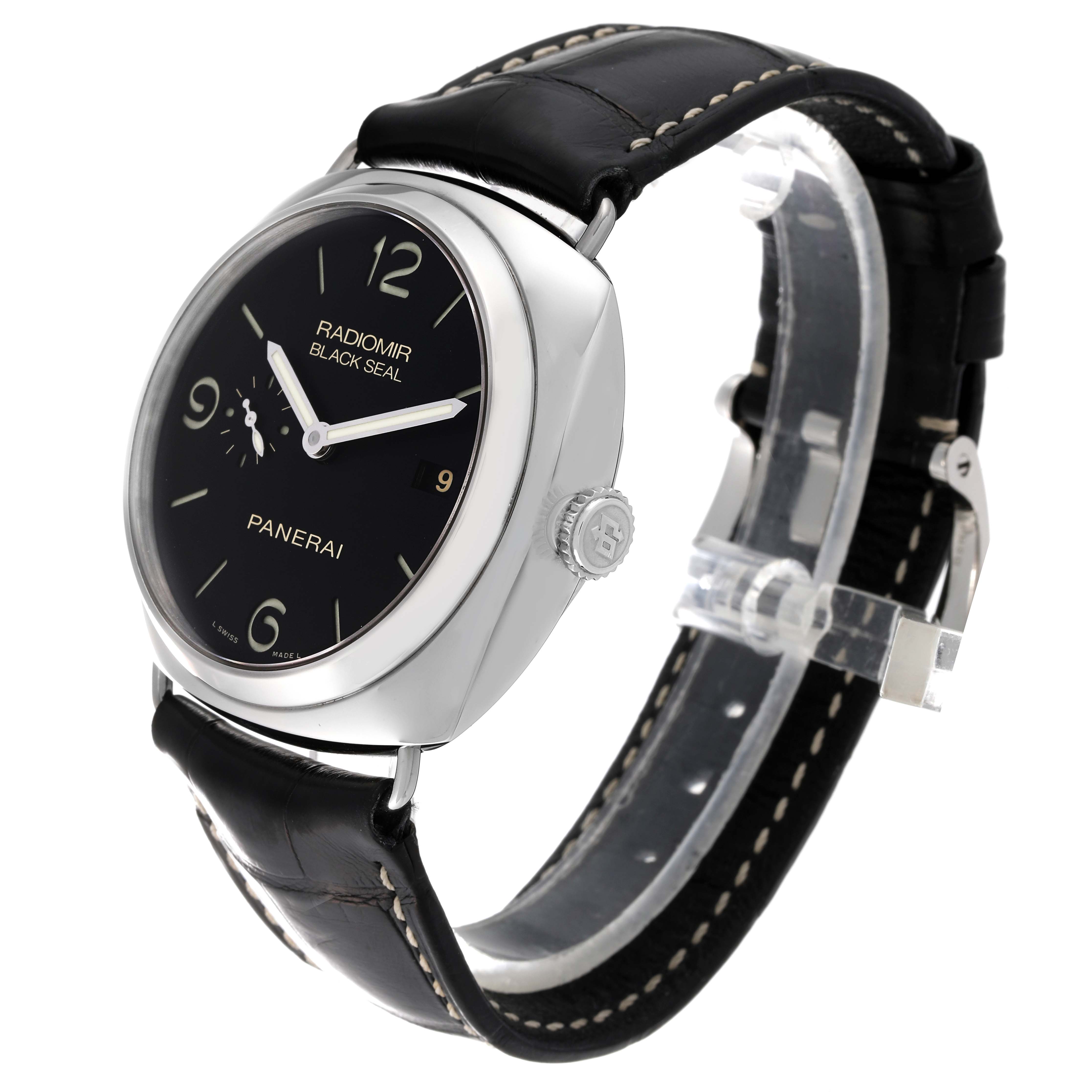 The image shows a Panerai Radiomir PAM00388 Men's Stainless Steel Black Dial PAM00388 Men's Stainless Steel Black Dial watch from a left-side angle, highlighting the dial, crown, and leather strap.