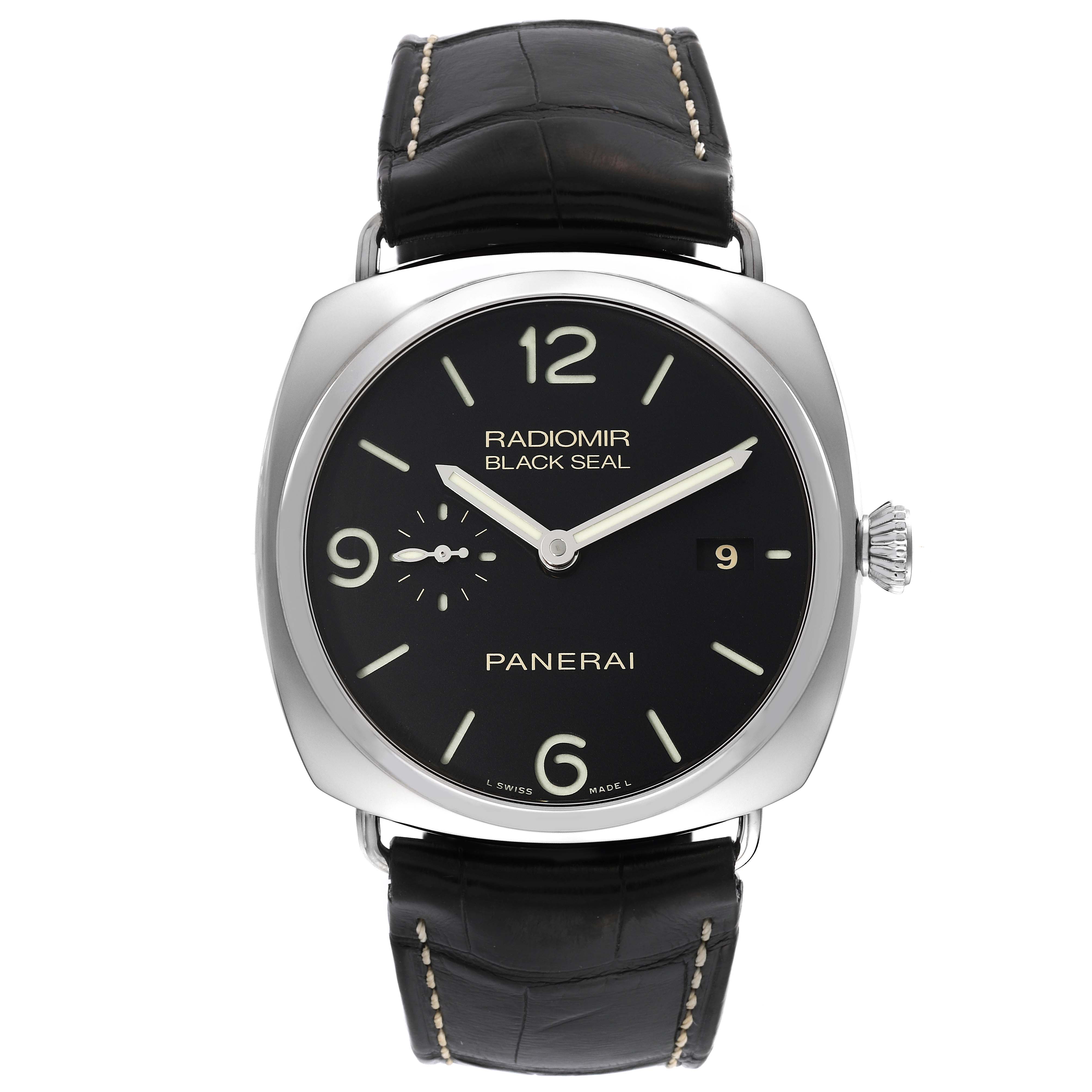 The image shows a front view of the Panerai Radiomir PAM00388 Men's Stainless Steel Black Dial PAM00388 Men's Stainless Steel Black Dial watch, displaying its dial, case, and crown.
