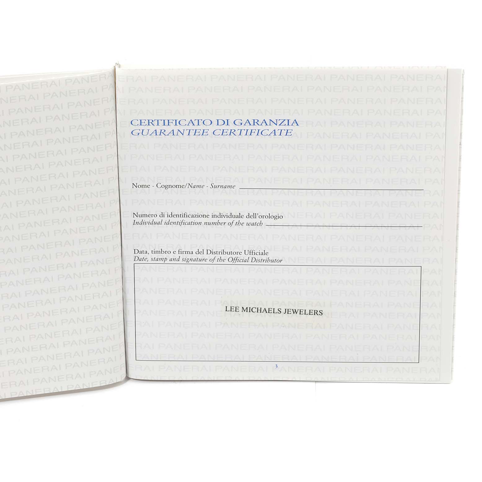 The image shows a Panerai Radiomir PAM00388 Men's Stainless Steel Black Dial PAM00388 Men's Stainless Steel Black Dial model guarantee certificate booklet opened to a blank form page.