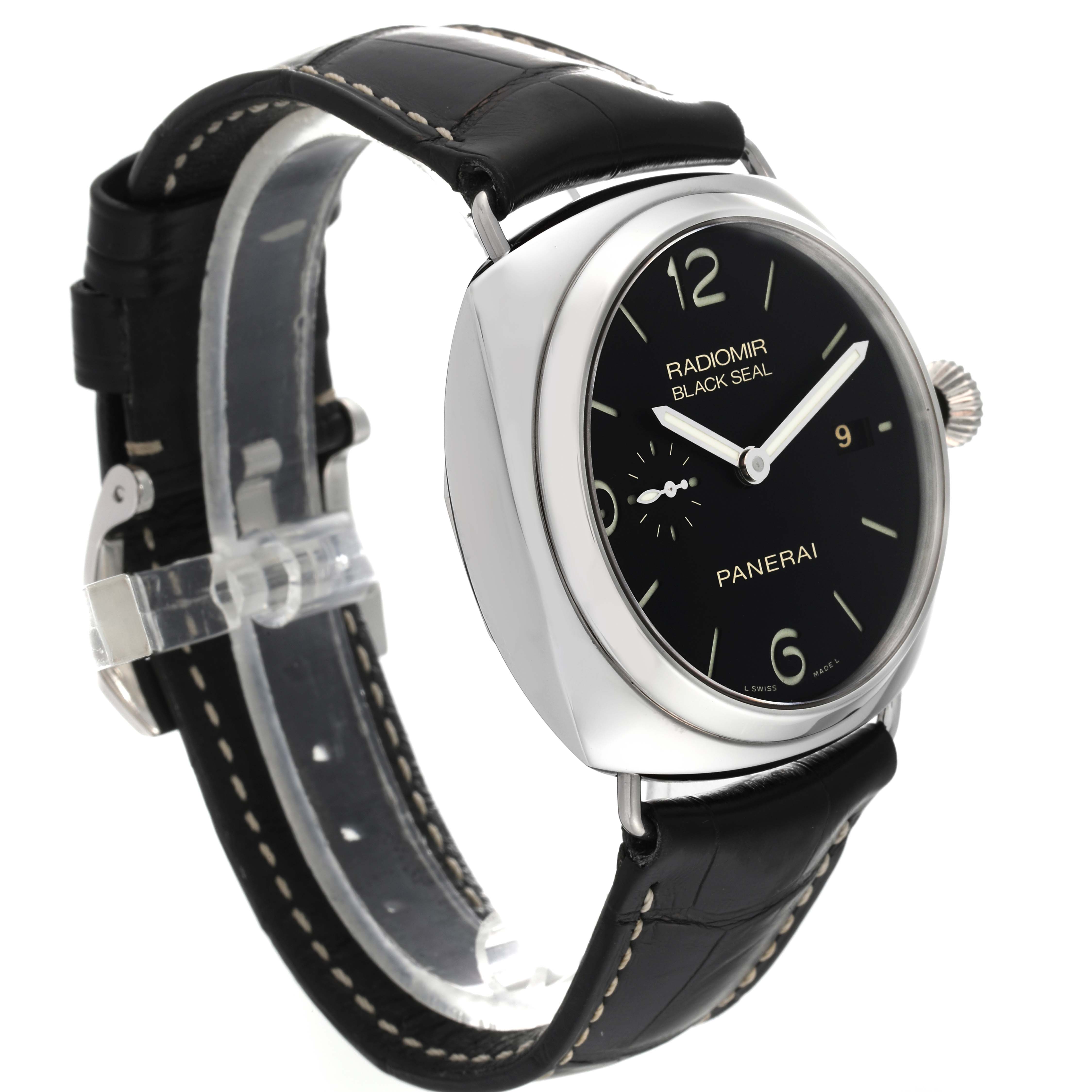 The image shows a side angle of a Panerai Radiomir PAM00388 Men's Stainless Steel Black Dial PAM00388 Men's Stainless Steel Black Dial model watch, focusing on the black dial, silver case, and black leather strap.