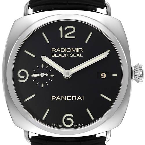 The Panerai Radiomir watch is shown from a front angle, displaying the dial, hands, crown, and part of the strap.