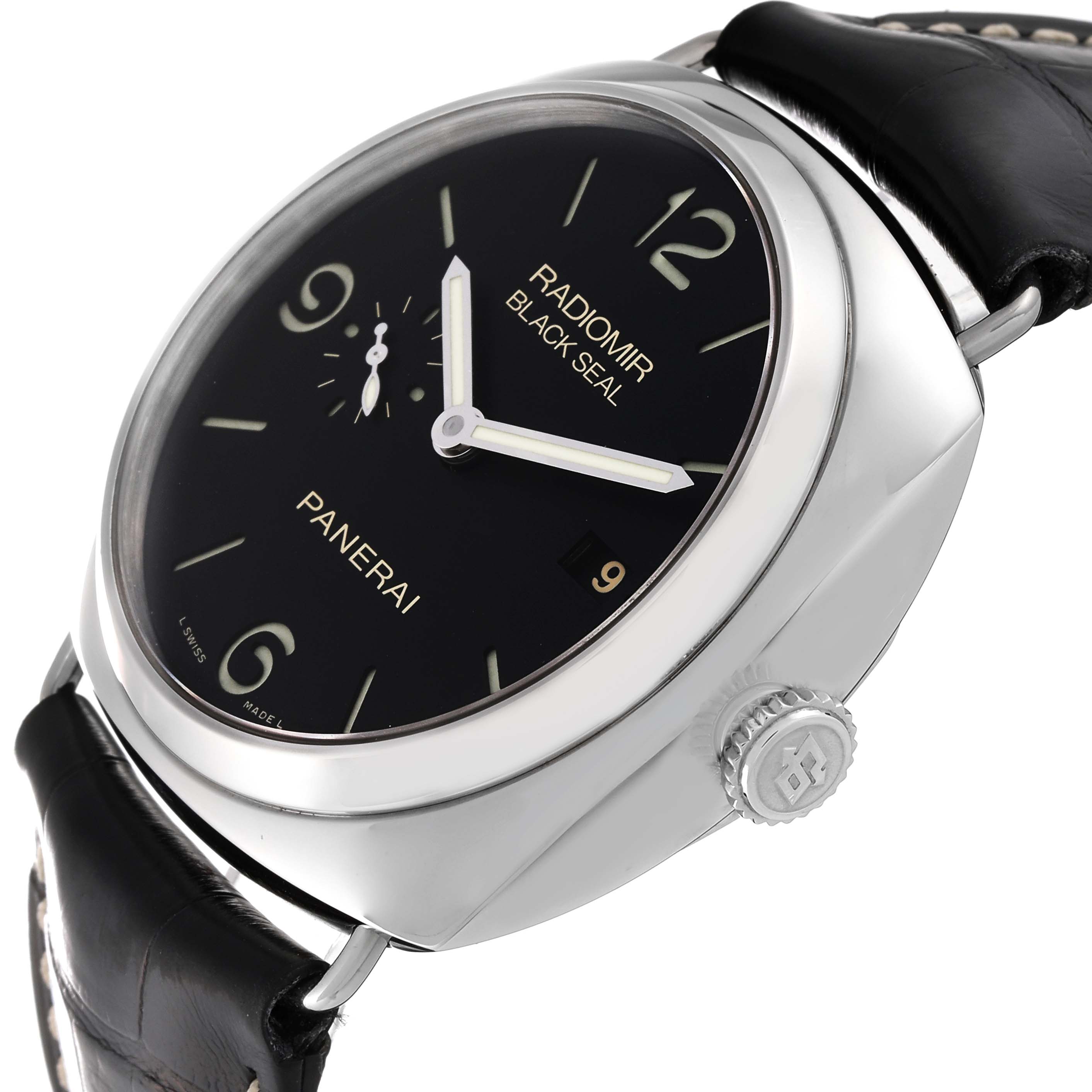The Panerai Radiomir PAM00388 Men's Stainless Steel Black Dial PAM00388 Men's Stainless Steel Black Dial watch is shown at an angle highlighting its face, crown, and strap attachment.
