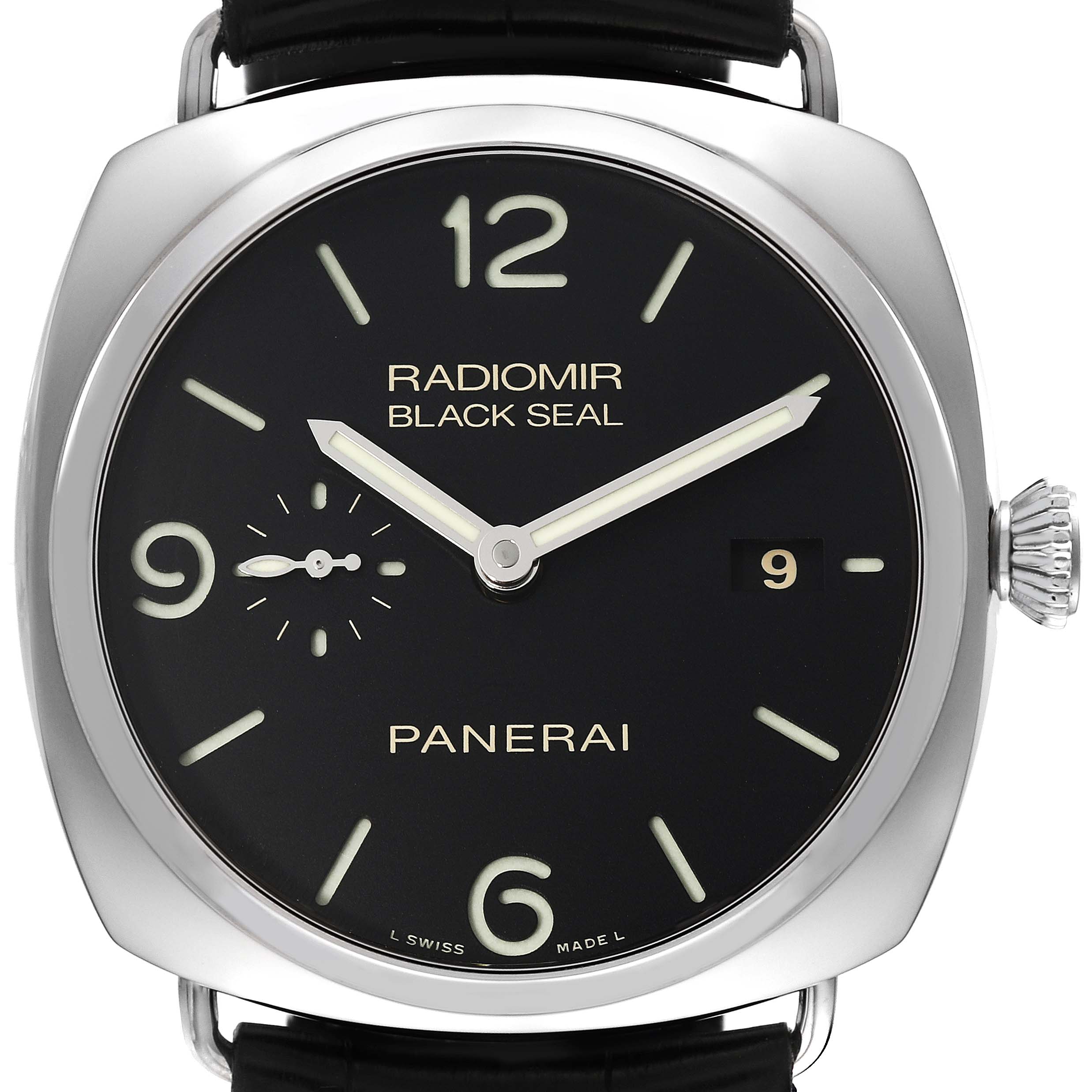 The image shows a front view of the Panerai Radiomir PAM00388 Men's Stainless Steel Black Dial PAM00388 Men's Stainless Steel Black Dial model watch, displaying the dial, hands, crown, and watch strap attachments.