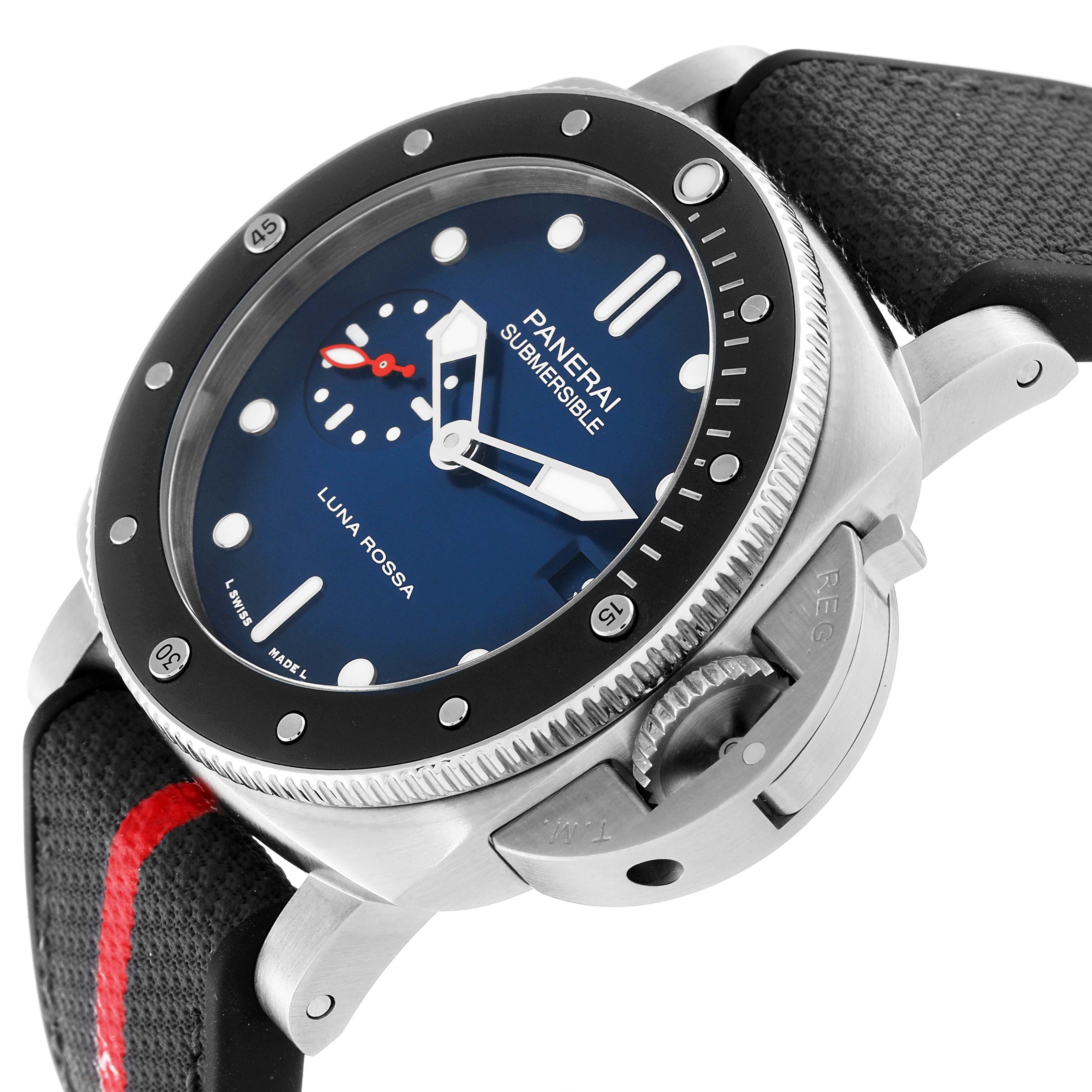 The image shows an angled view of the Panerai Submersible PAM01565 Men's Stainless Steel Blue Dial PAM01565 Men's Stainless Steel Blue Dial watch, highlighting the dial, bezel, crown guard, and strap.