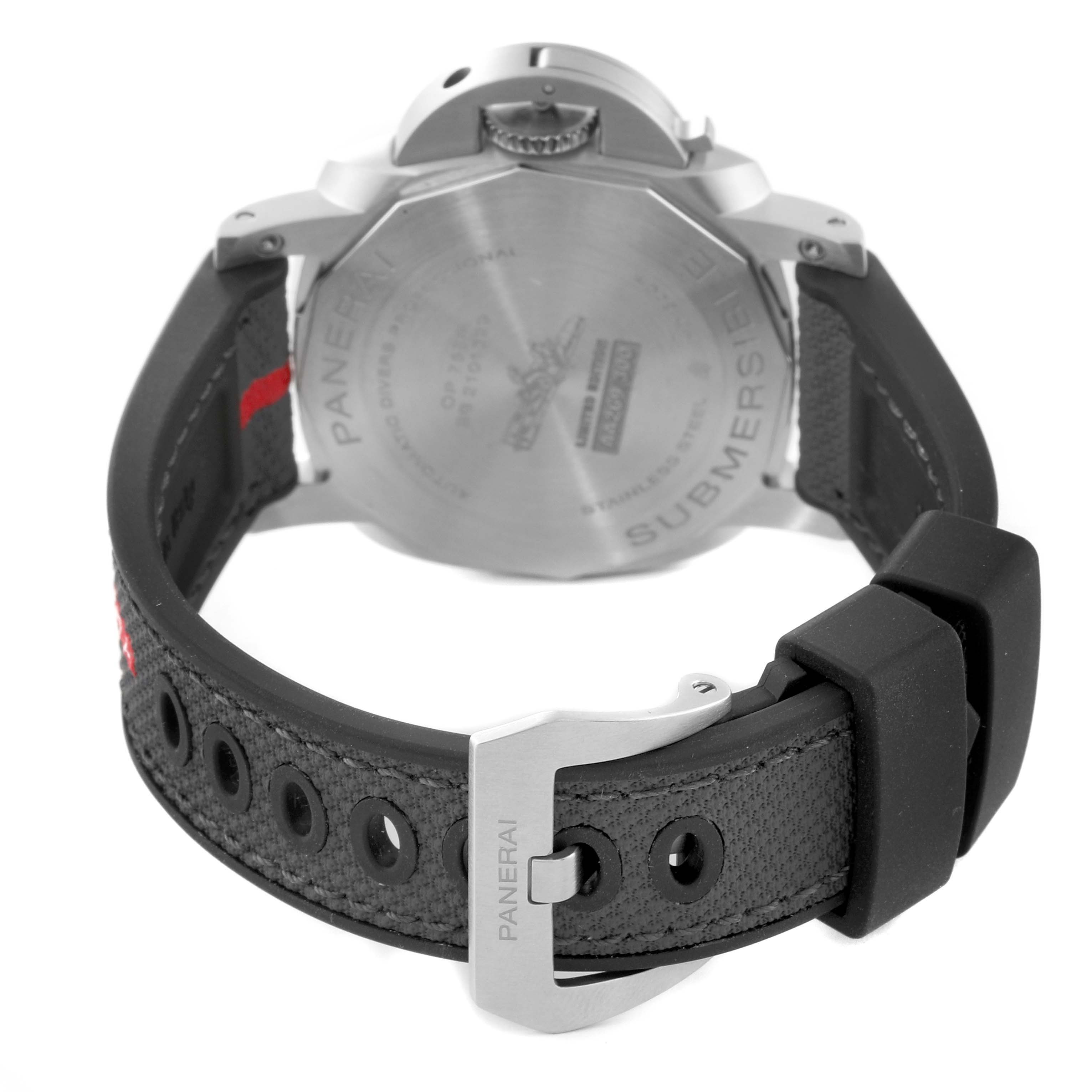 The image shows the back case and strap of the Panerai Submersible PAM01565 Men's Stainless Steel Blue Dial PAM01565 Men's Stainless Steel Blue Dial watch, highlighting the buckle and branding.