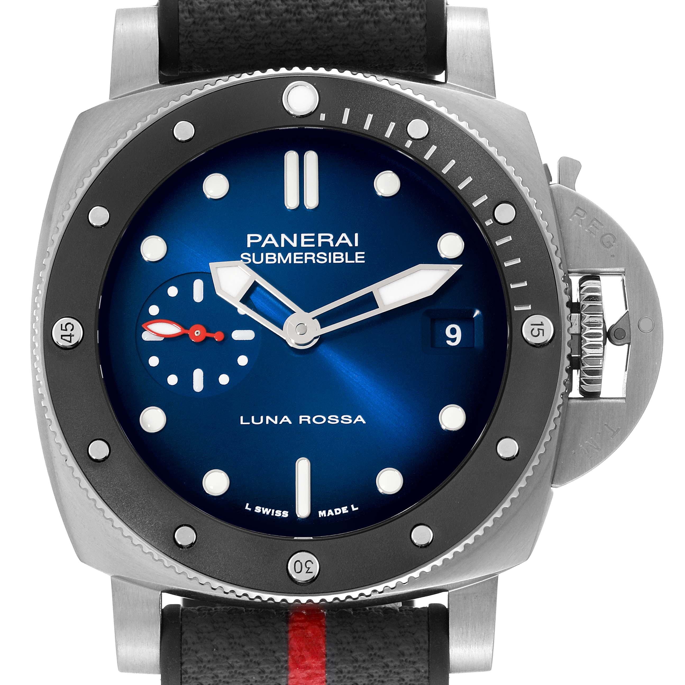 This image shows a front view of a Panerai Submersible PAM01565 Men's Stainless Steel Blue Dial PAM01565 Men's Stainless Steel Blue Dial watch, highlighting the dial, hands, bezel, date window, and strap.