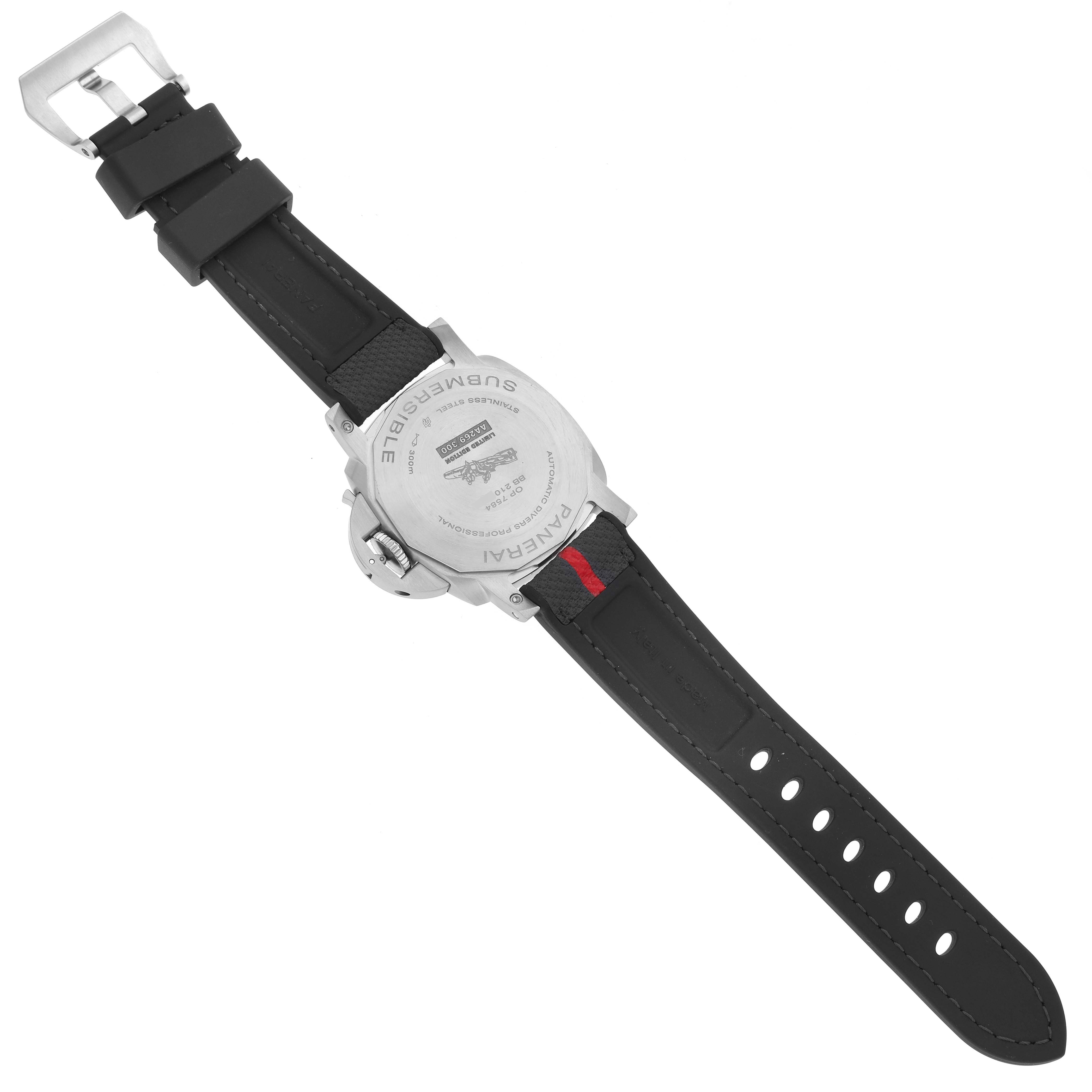 The image shows the back view of a Panerai Submersible PAM01565 Men's Stainless Steel Blue Dial PAM01565 Men's Stainless Steel Blue Dial watch, highlighting the case back and black strap with buckle.