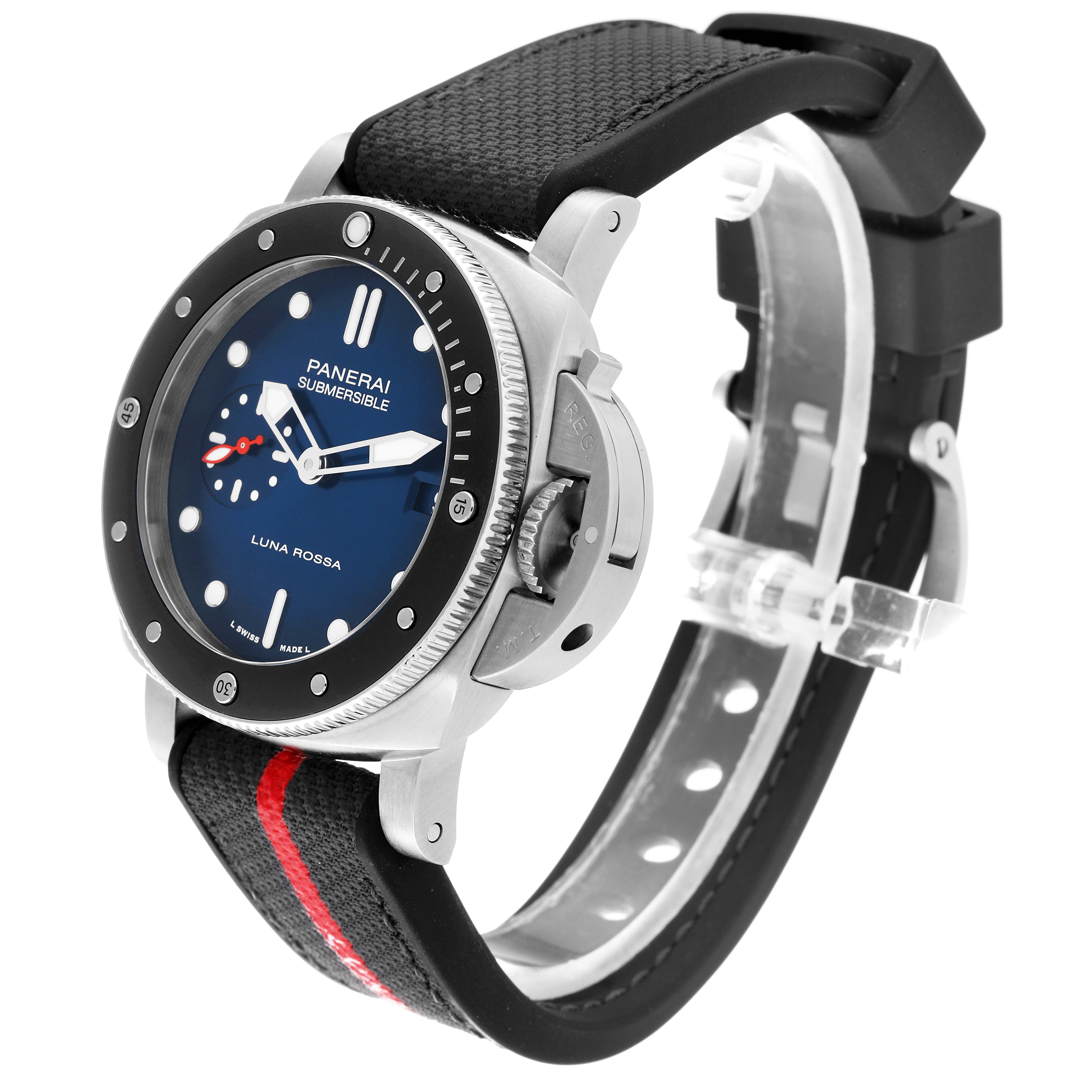 The Panerai Submersible PAM01565 Men's Stainless Steel Blue Dial PAM01565 Men's Stainless Steel Blue Dial watch is shown at a three-quarter angle, highlighting the face, bezel, strap, and crown guard.