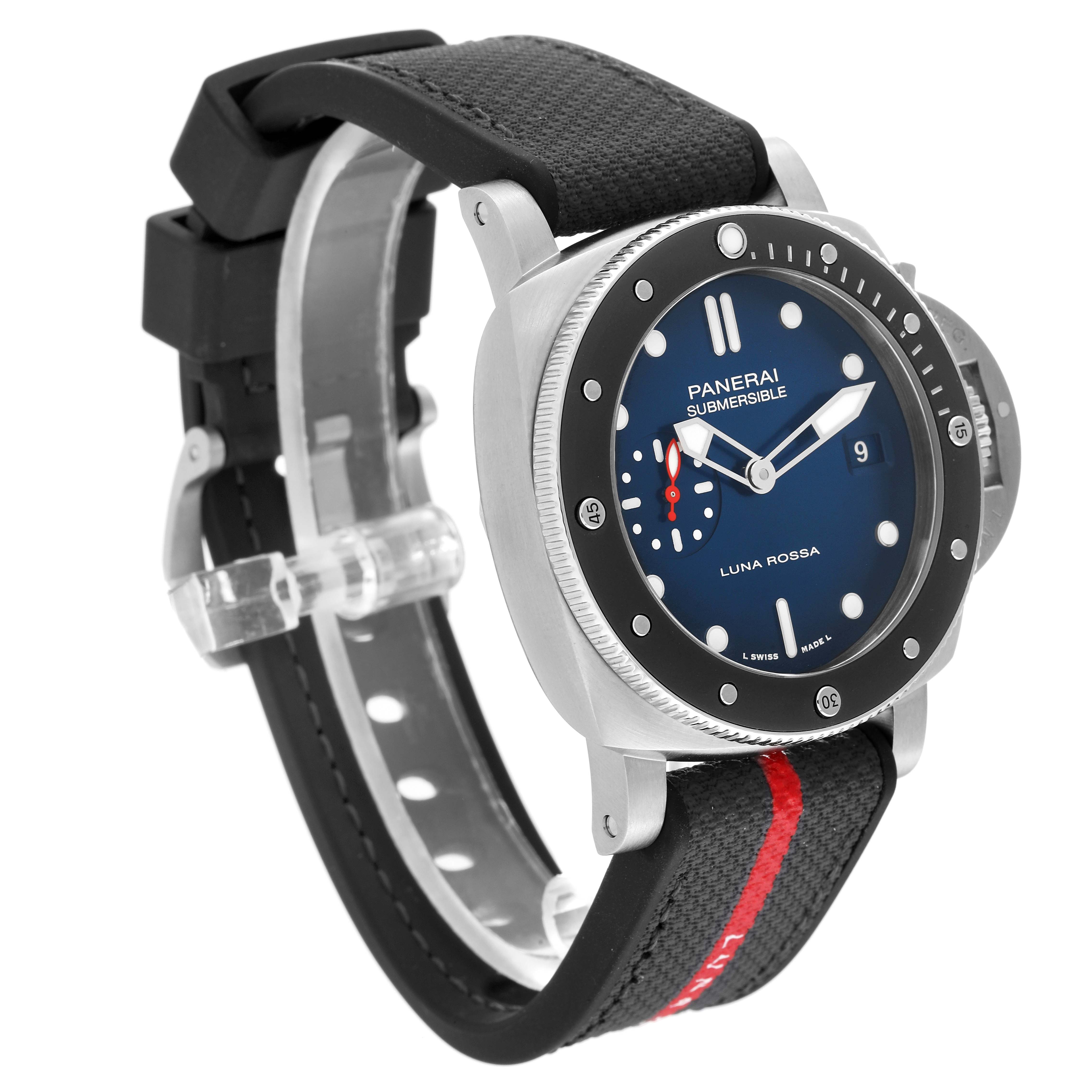 The Panerai Submersible PAM01565 Men's Stainless Steel Blue Dial PAM01565 Men's Stainless Steel Blue Dial watch is shown at a three-quarter angle highlighting the face, bezel, and strap.