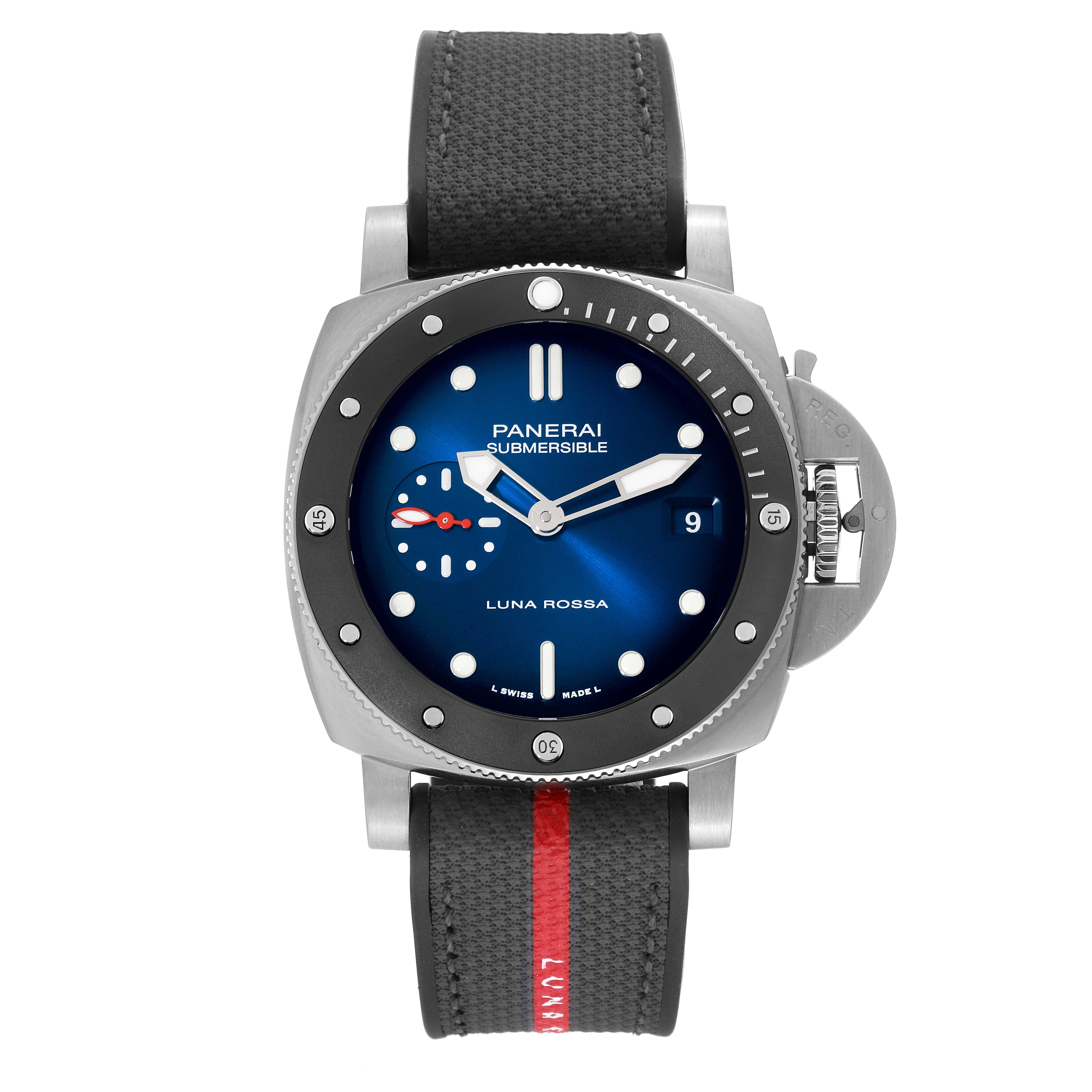 The image shows a front view of a Panerai Submersible PAM01565 Men's Stainless Steel Blue Dial PAM01565 Men's Stainless Steel Blue Dial watch, showcasing its dial, bezel, and strap.
