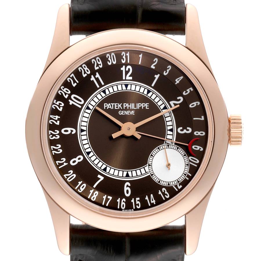 This is a front view of the Patek Philippe Calatrava watch, showcasing its dial, hands, and hour markings.