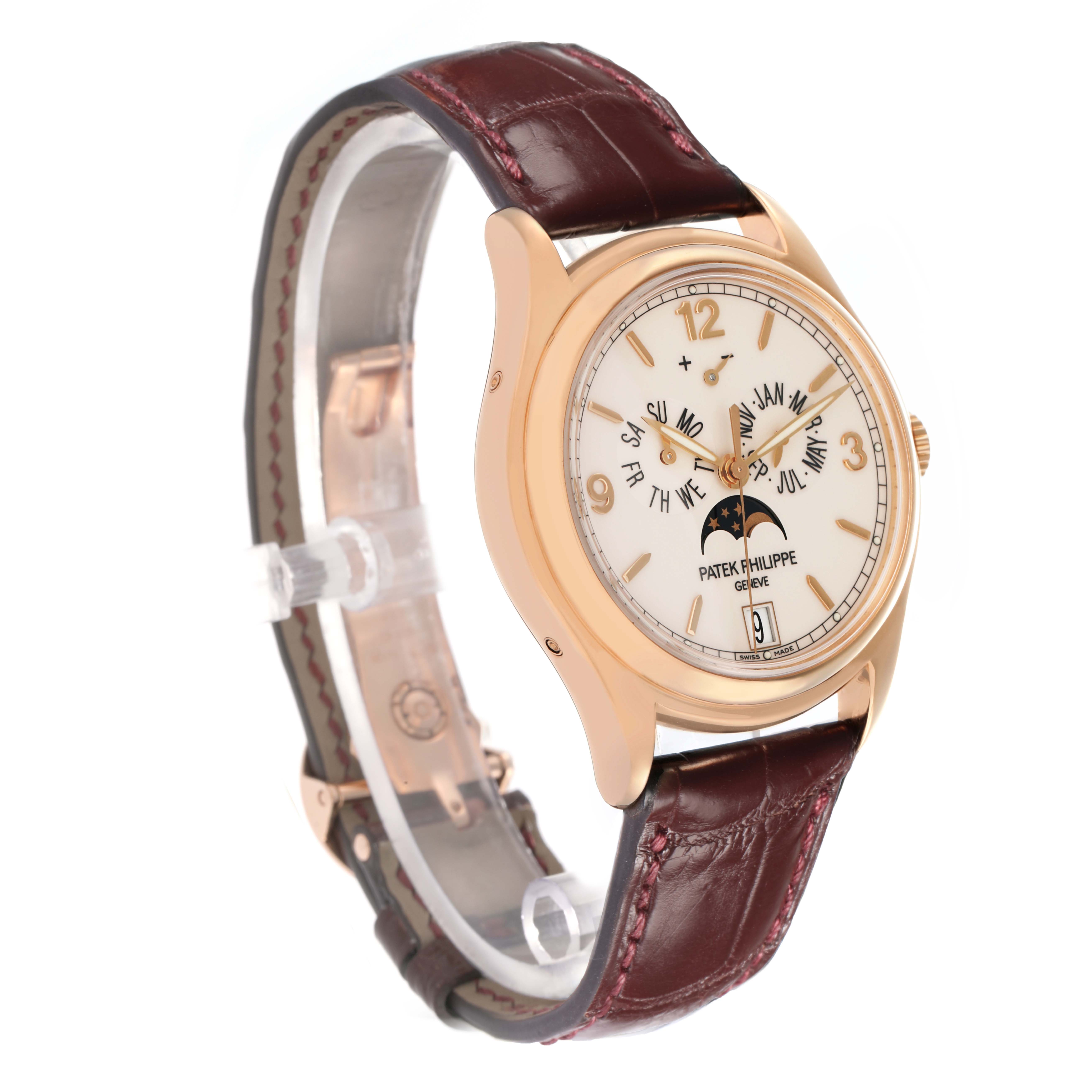 The Patek Philippe Complications 72689 men
s watch is shown at a slight angle, displaying its face, bezel, and part of the brown leather strap.