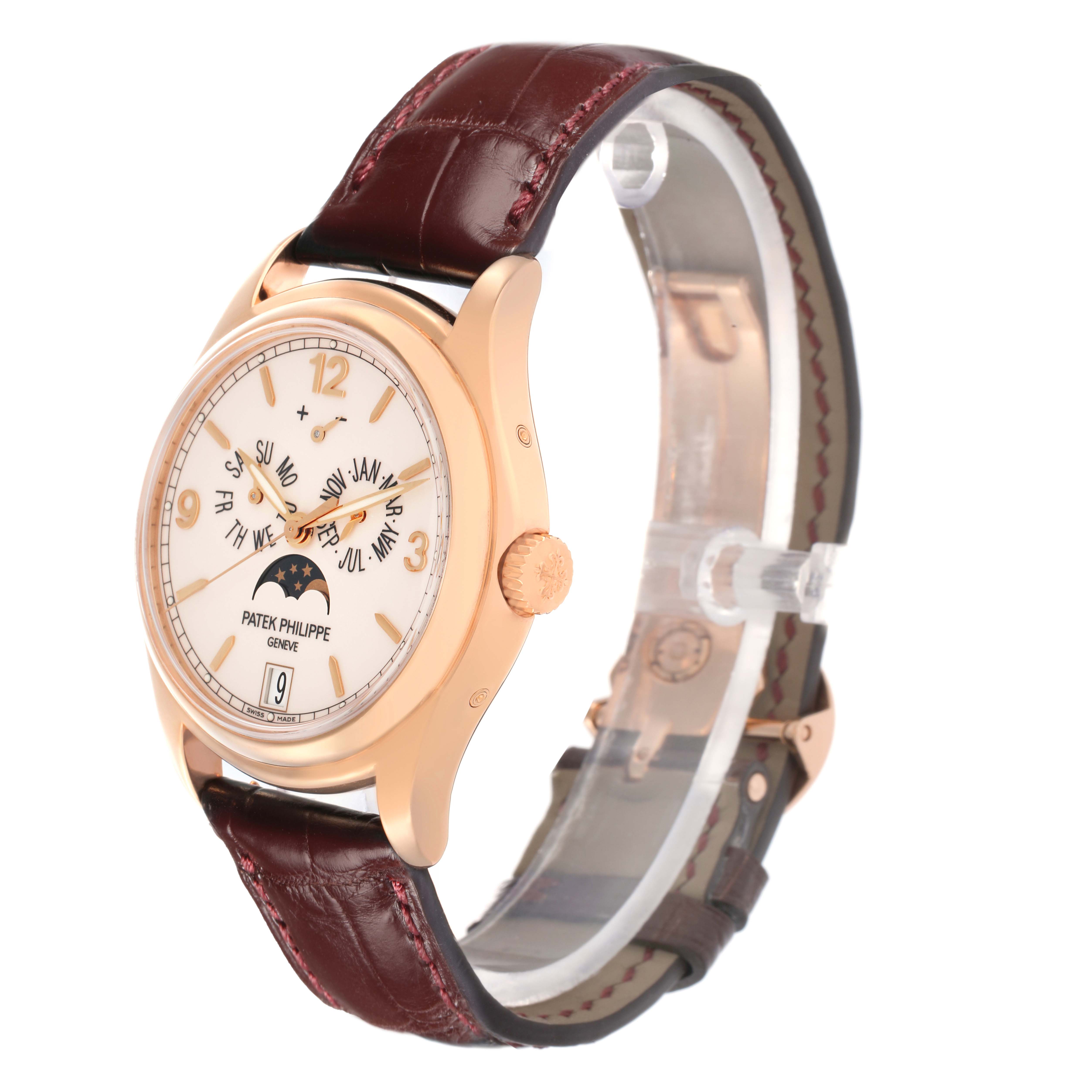 The Patek Philippe Complications model 72689 is shown at a slight angle, highlighting the watch face, crown, and leather strap.