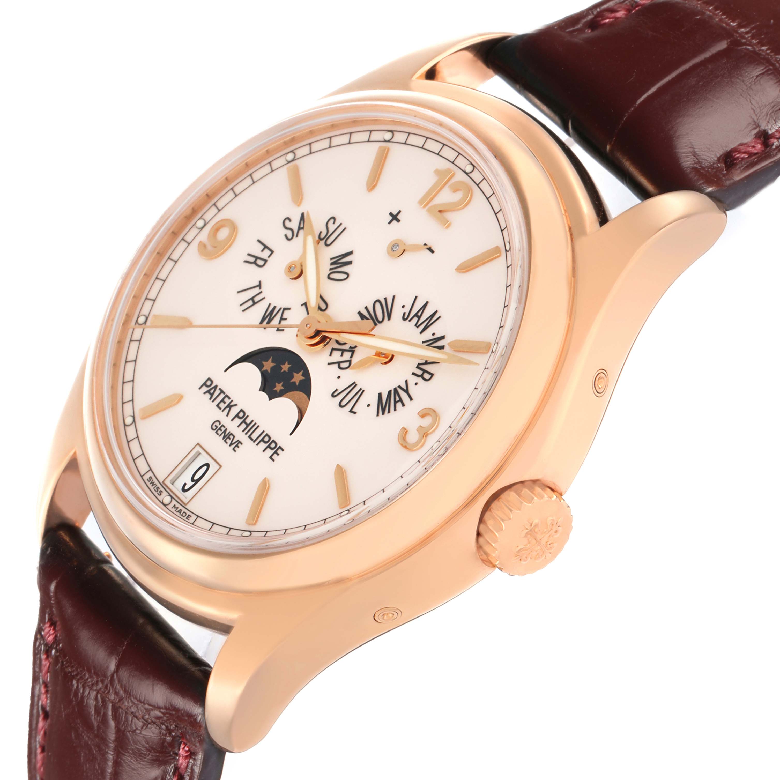 The Patek Philippe Complications model 72689 men
s watch is shown from a diagonal angle, highlighting the face, crown, and part of the leather strap.