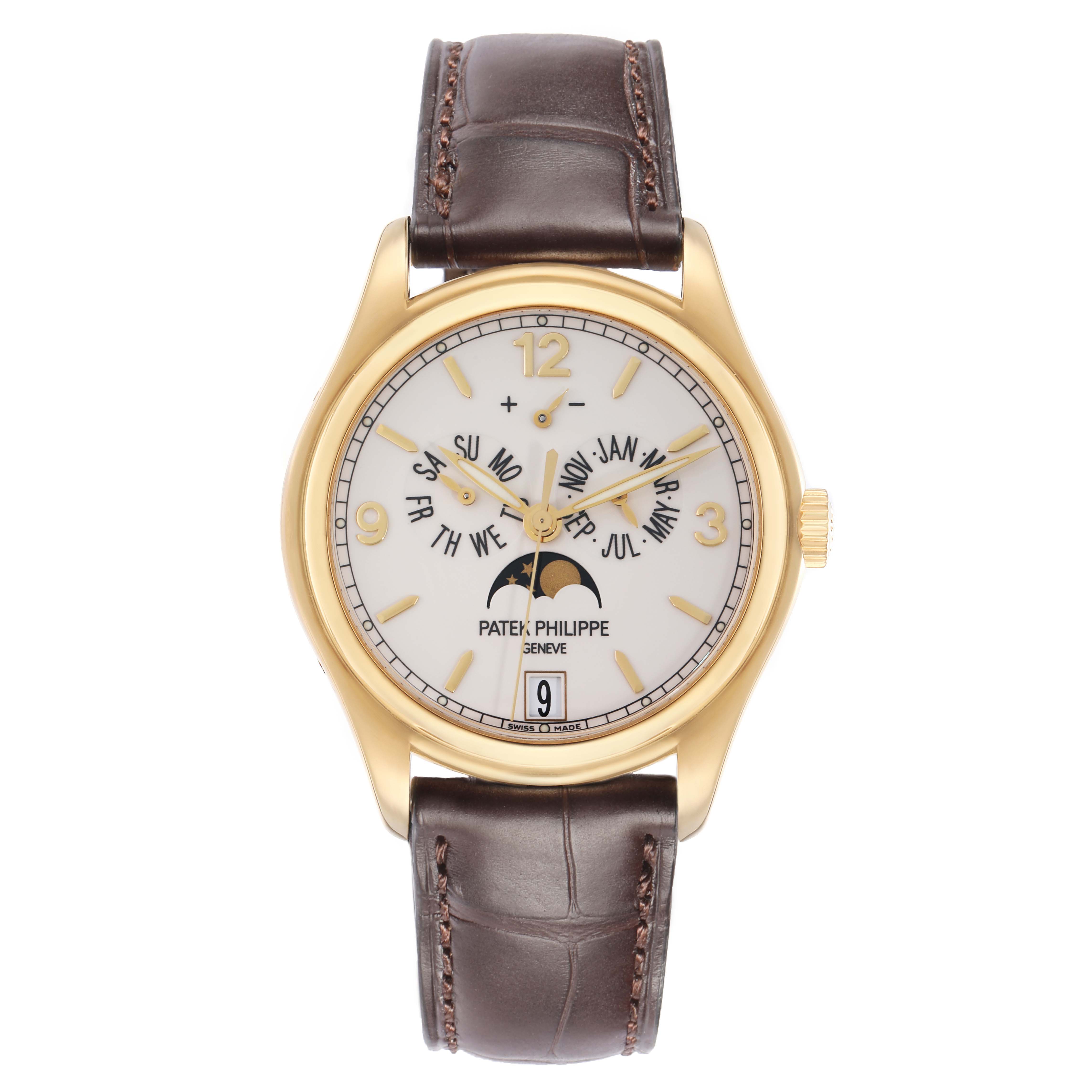 The image shows the Patek Philippe Complications model 5146J watch from a front angle, highlighting its dial, gold case, leather strap, and complications features.