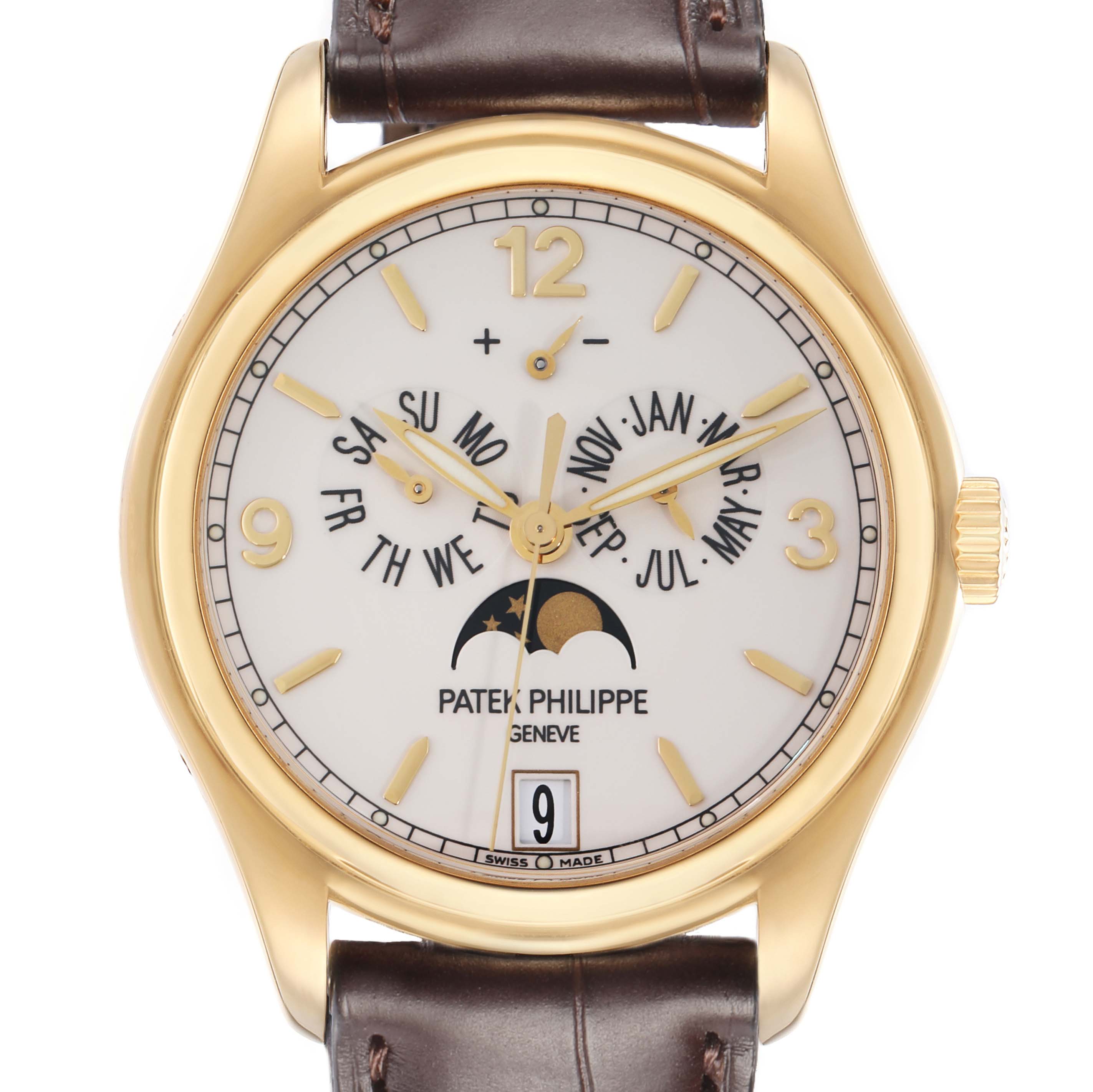 The image shows a frontal view of the Patek Philippe Complications model 5146J, highlighting its gold case, dial with calendar features, moon phase, and leather strap.