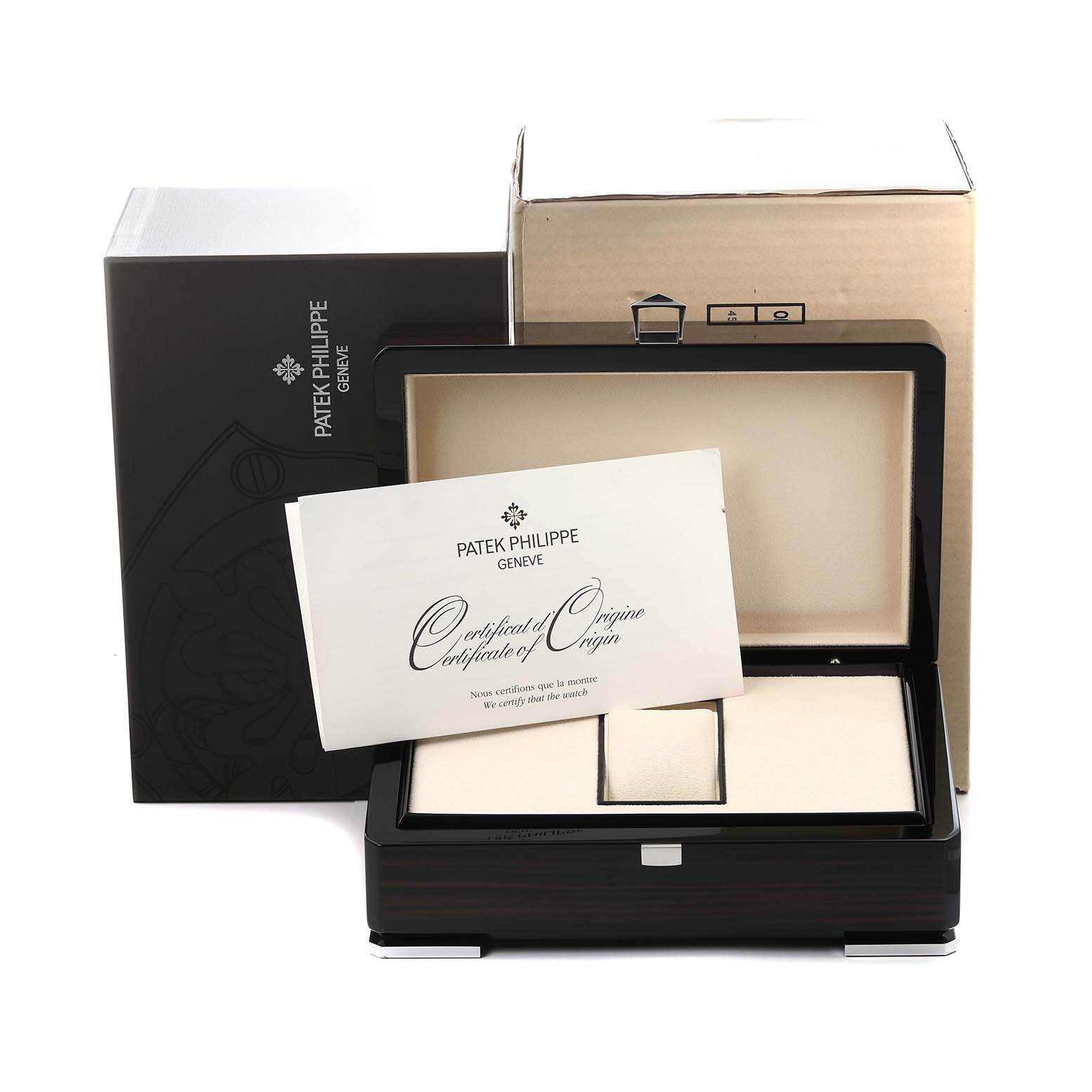 The image shows the packaging box, certificate, and storage case for a Patek Philippe Complications 5146J men
s watch.