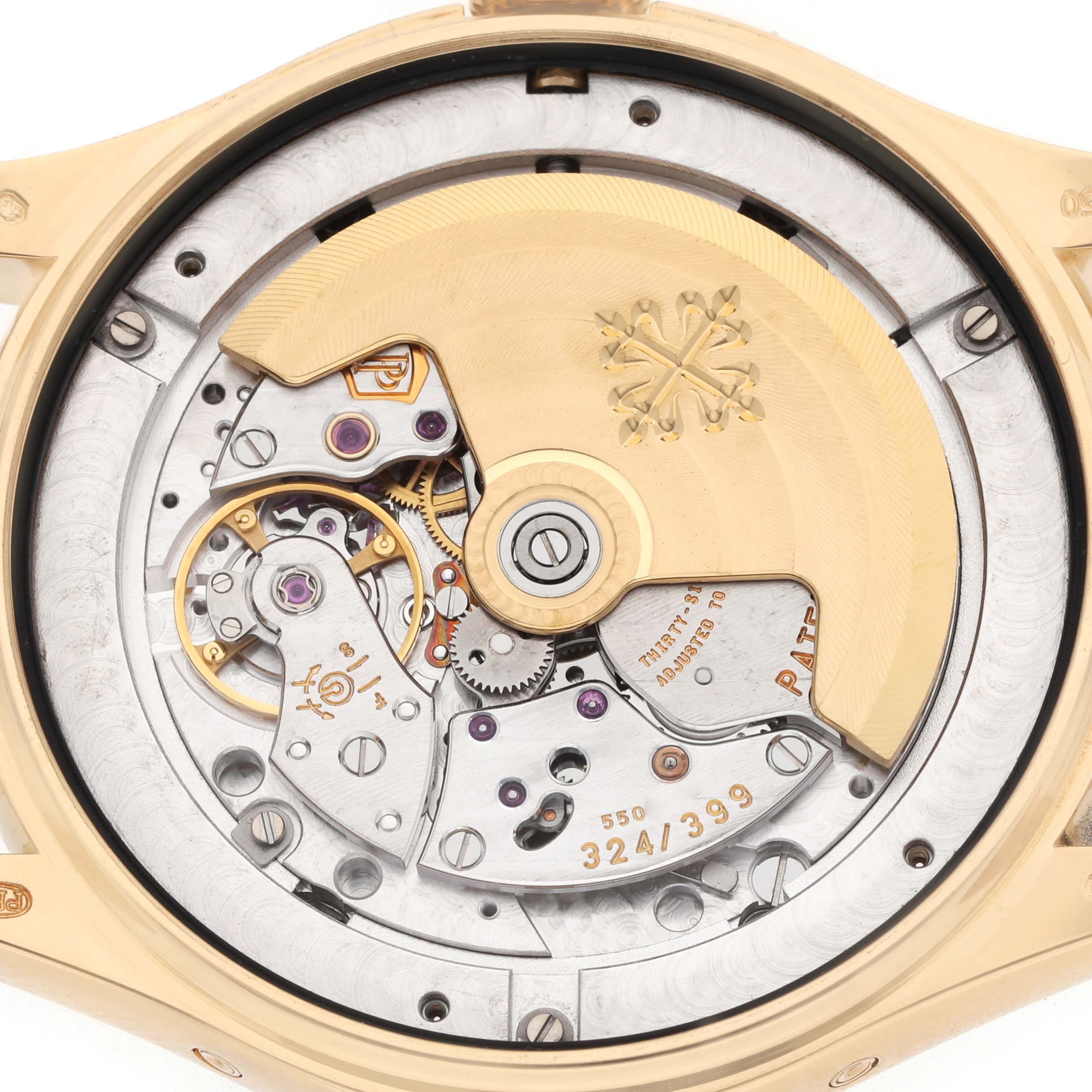 The image shows the movement and rotor of a Patek Philippe Complications model 5146J men
s watch viewed from the back.