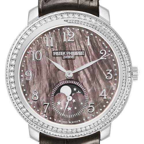 The Patek Philippe Complications 4968G Women's White Gold Mother of Pearl Dial watch is shown from the front, highlighting the diamond bezel, mother-of-pearl dial, and moon phase feature.