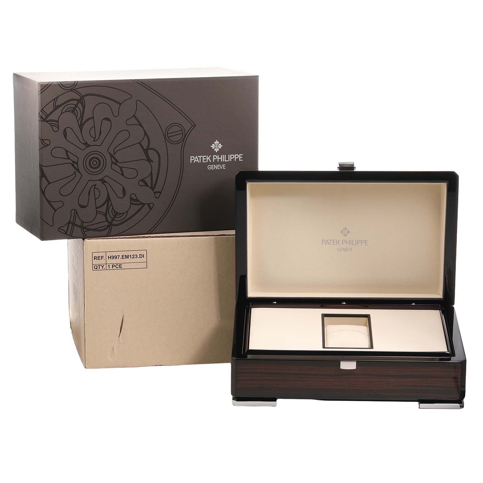 The image shows packaging for a Patek Philippe Complications 4968G Women's White Gold Mother of Pearl Dial model, including an open wooden box, a cardboard box, and an outer box.