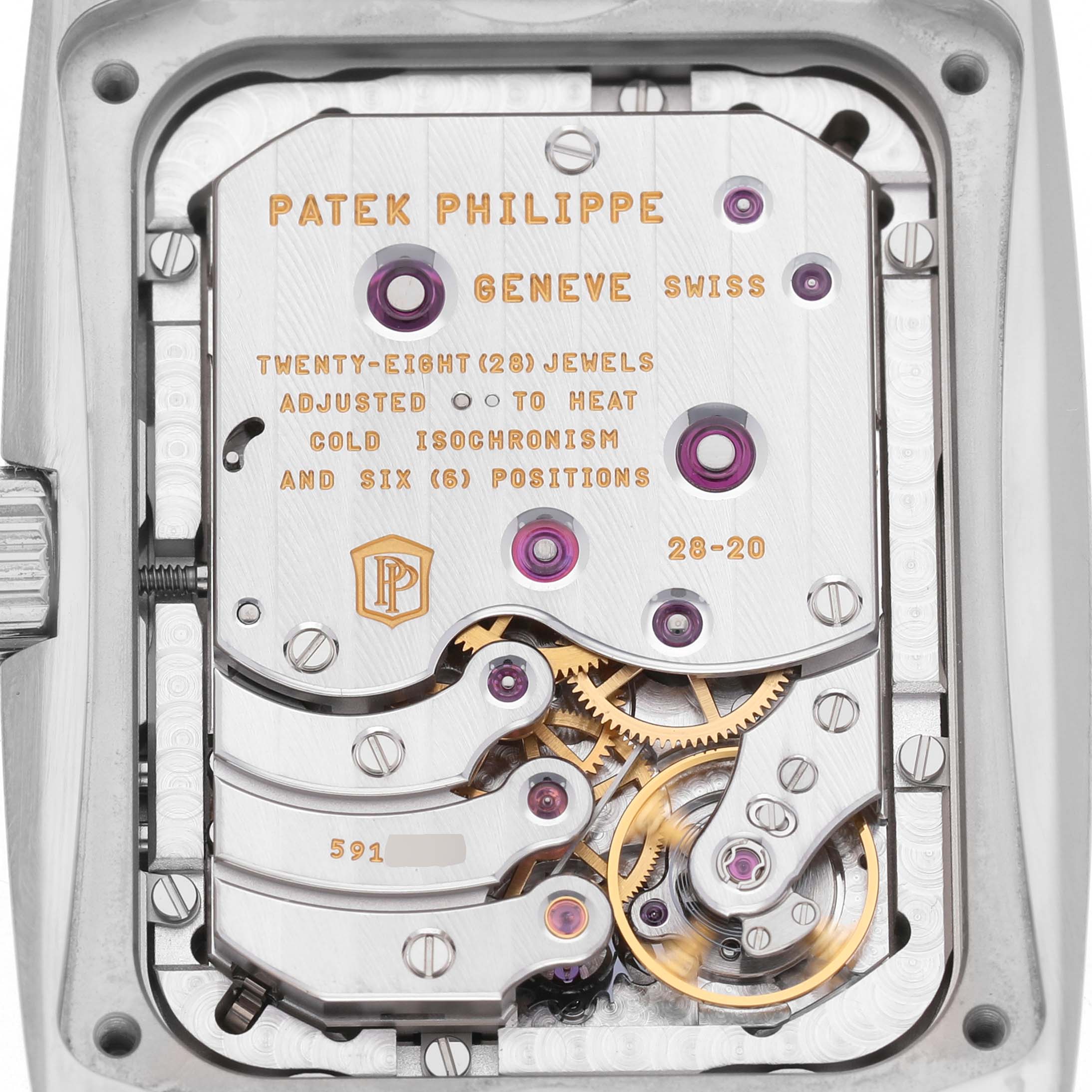 The image shows a close-up angle of the movement and mechanical components of the Patek Philippe Gondolo 5200 Men's White Gold Blue Dial watch.