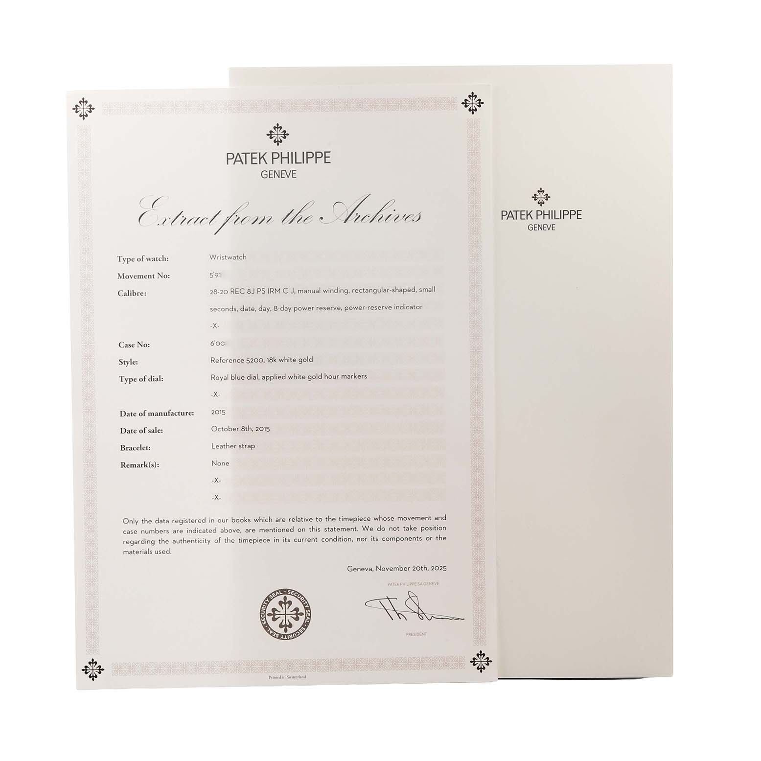 The image shows a document titled "Extract from the Archives" for a Patek Philippe Gondolo 5200 Men's White Gold Blue Dial watch.