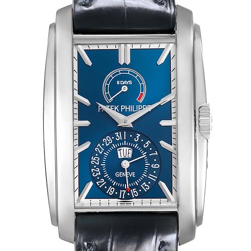 The image shows a front view of the Patek Philippe Gondolo 5200 Men's White Gold Blue Dial watch, highlighting its rectangular case, blue dial, and power reserve indicator.