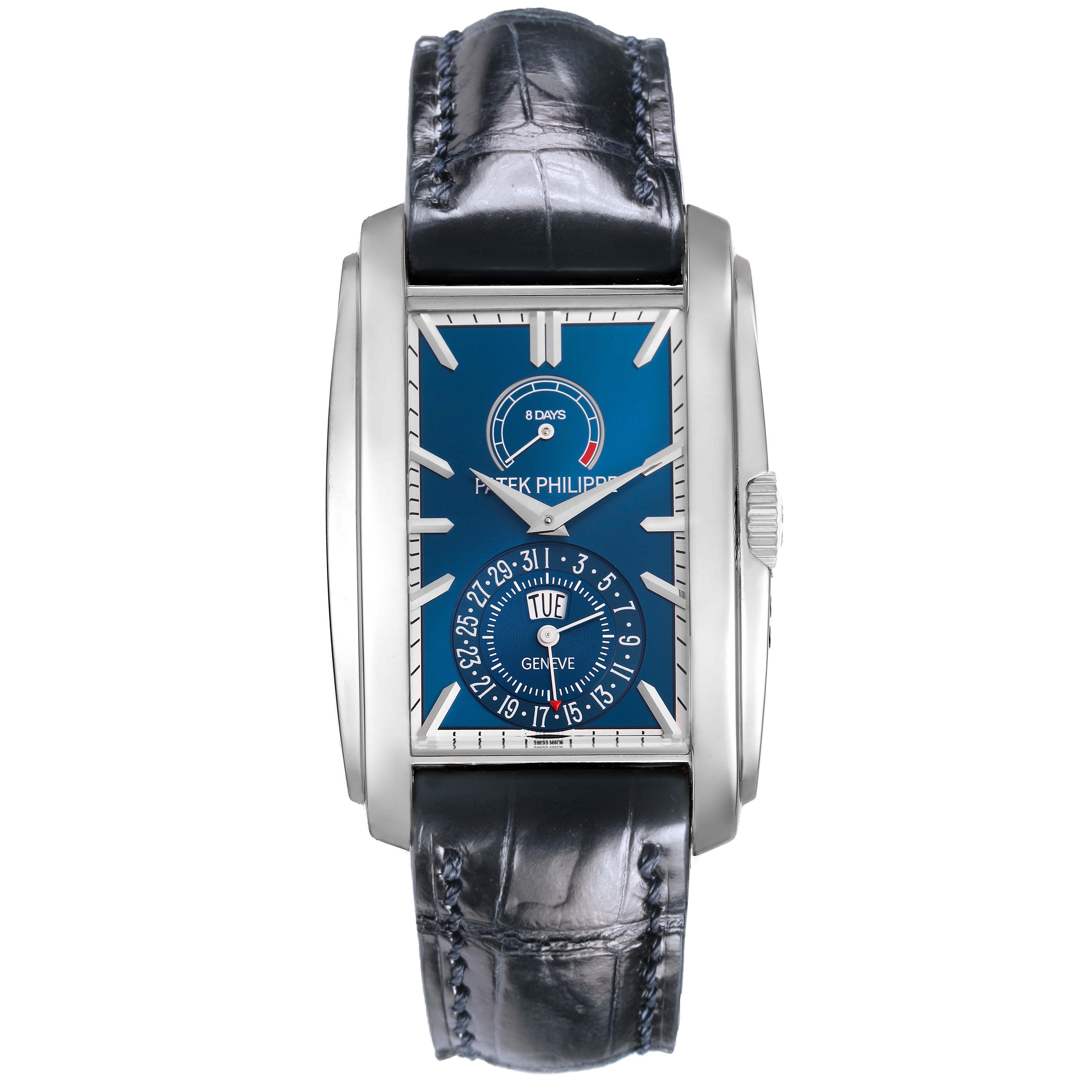 The image shows a front view of the Patek Philippe Gondolo 5200 Men's White Gold Blue Dial watch, highlighting the blue dial and leather strap.