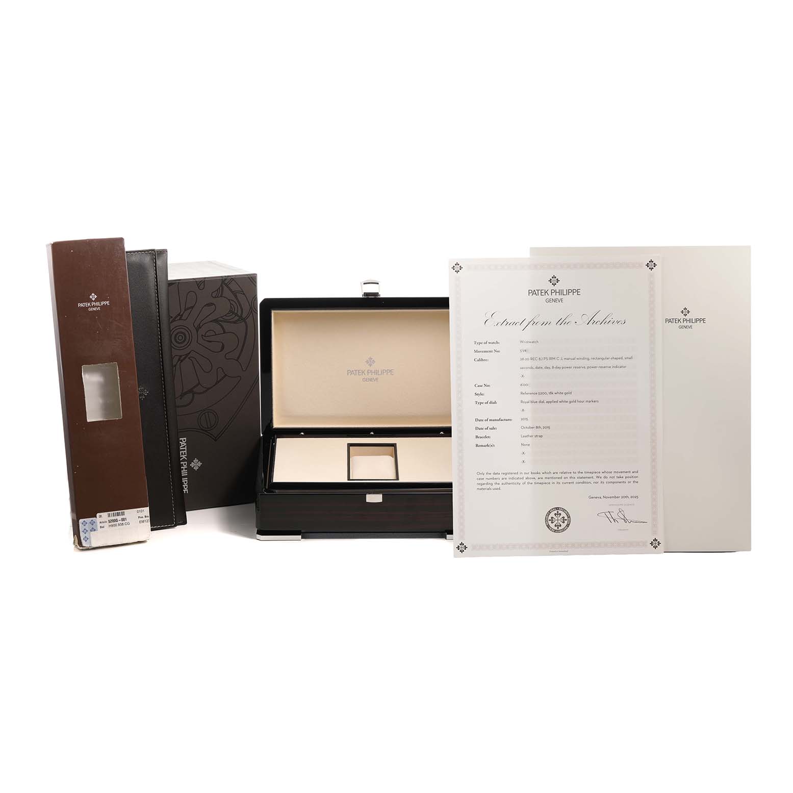 The image shows a Patek Philippe Gondolo 5200 Men's White Gold Blue Dial watch box, documents, and accessory packaging, displayed from the front angle.