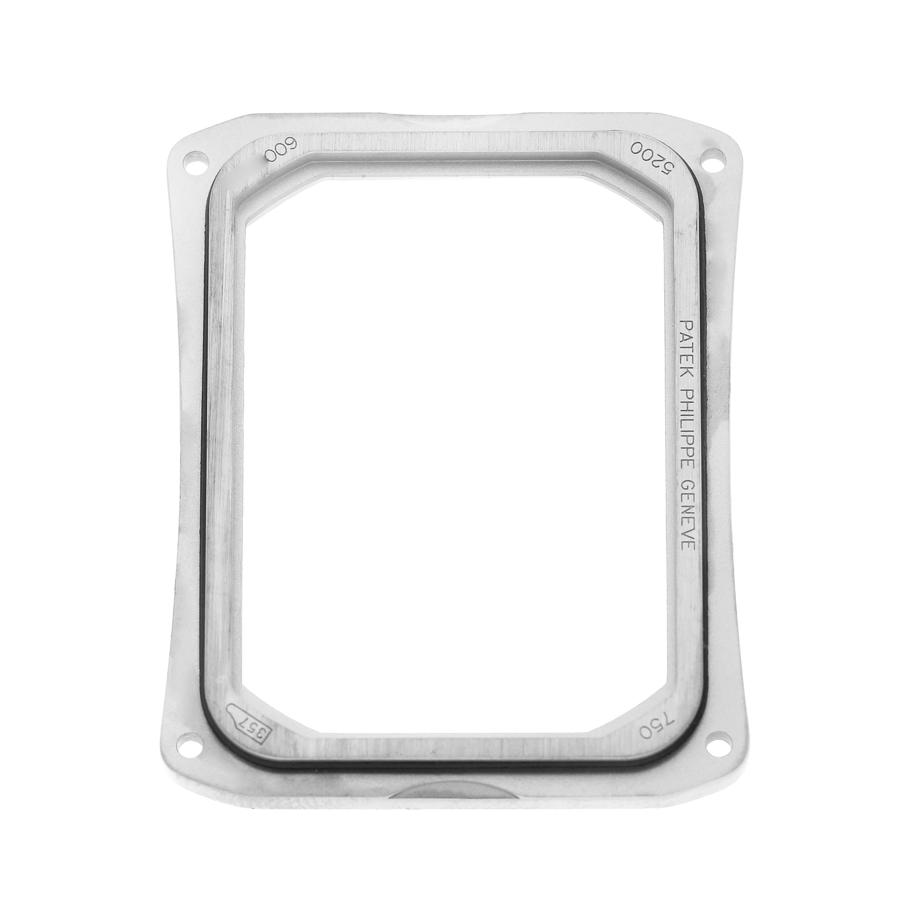 The image shows a rectangular case component from the Gondolo model by Patek Philippe, viewed from a top-down angle.