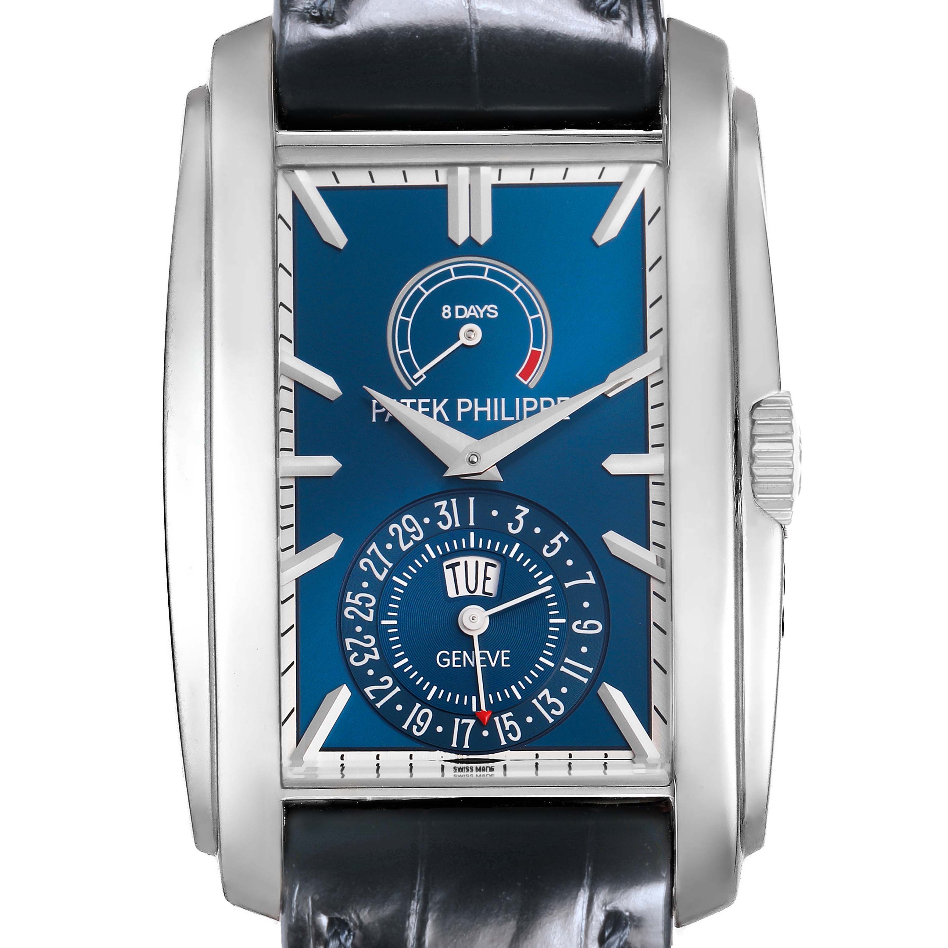 The Patek Philippe Gondolo 5200 Men's White Gold Blue Dial watch is shown from the front, highlighting its blue dial, hands, power reserve, and date indicator.