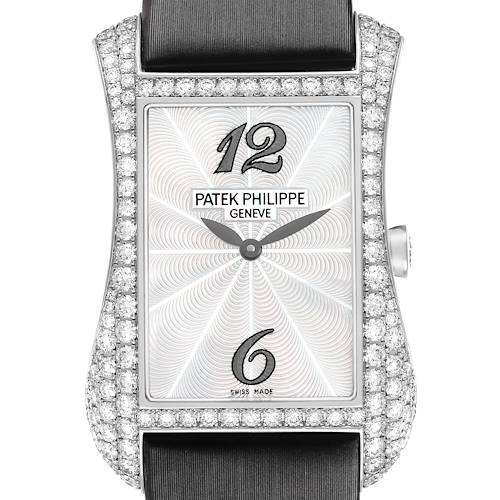 The Patek Philippe Gondolo 4973G Women's White Gold Mother of Pearl Dial watch is shown from the front, highlighting its rectangular dial, diamond-set bezel, and crown.