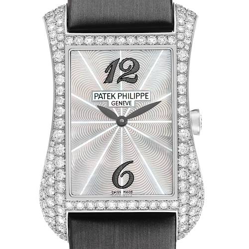 The Patek Philippe Gondolo 4973G Women's White Gold Mother of Pearl Dial watch is shown from the front, highlighting the diamond-encrusted rectangular case and guilloché dial.