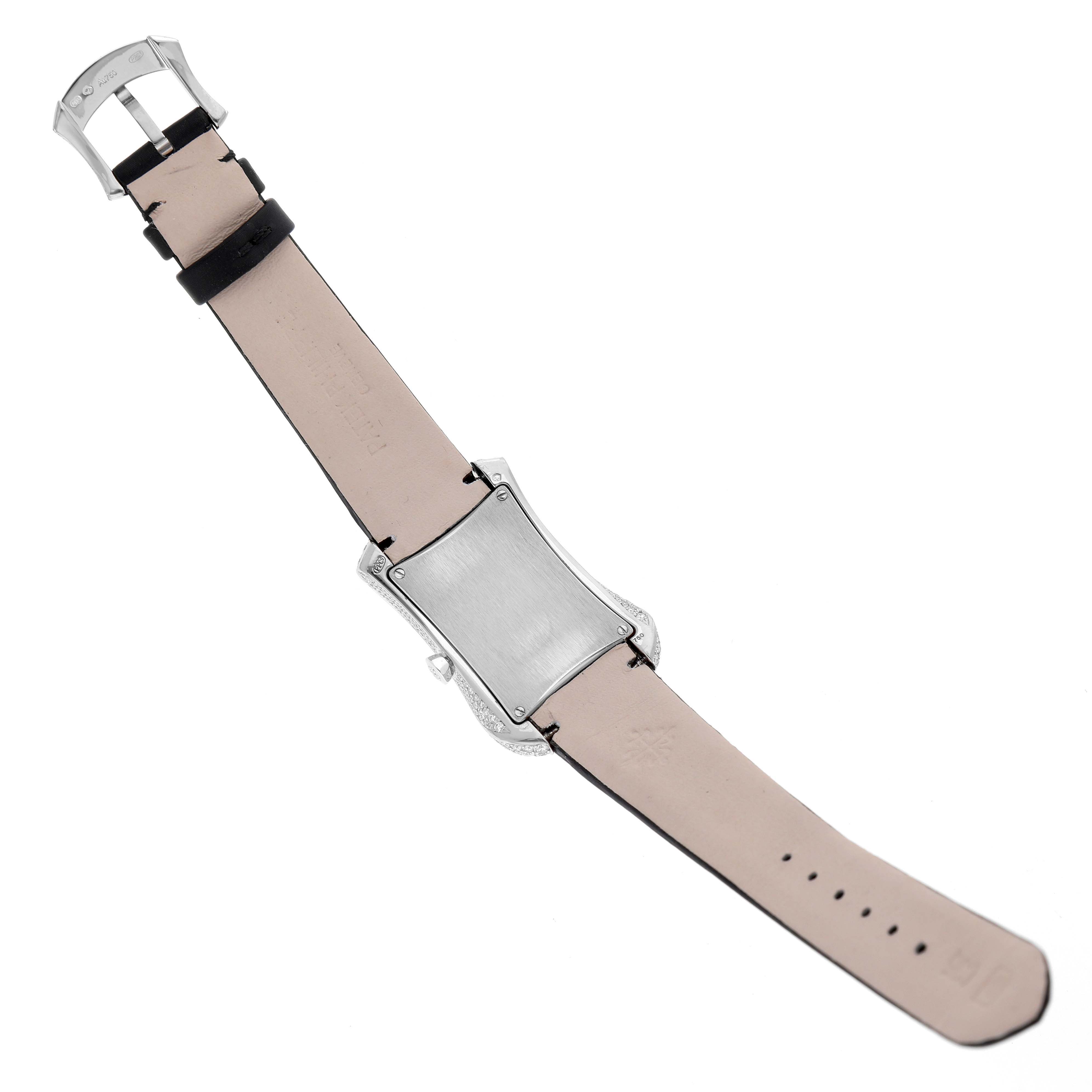 The image shows the back view of the Patek Philippe Gondolo 4973G Women's White Gold Mother of Pearl Dial watch, highlighting the strap and clasp.