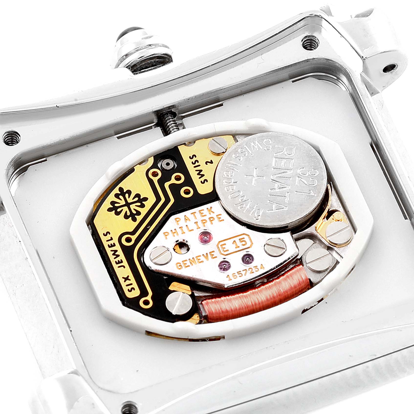 The image shows a close-up view of the movement mechanism inside the Patek Philippe Twenty-4 4910/10A-010 Women's Stainless Steel Silver Dial 4910/10A-010 Women's Stainless Steel Silver Dial watch.