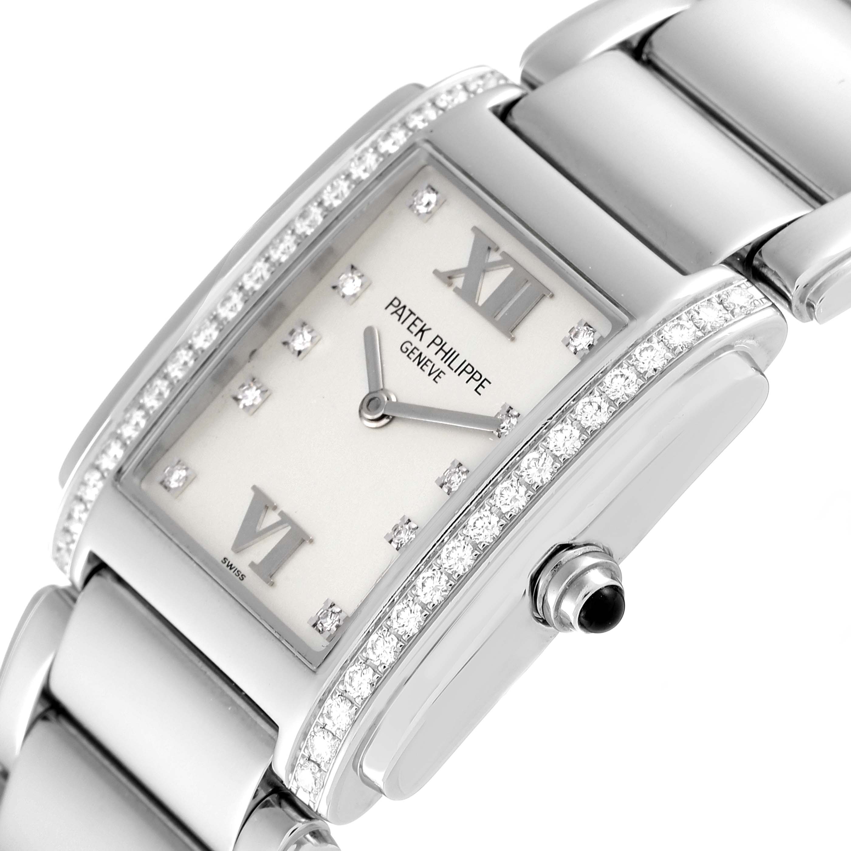 The image shows a close-up, angled view of the Patek Philippe Twenty-4 4910/10A-010 Women's Stainless Steel Silver Dial 4910/10A-010 Women's Stainless Steel Silver Dial watch, highlighting the diamond-encrusted bezel and dial details.