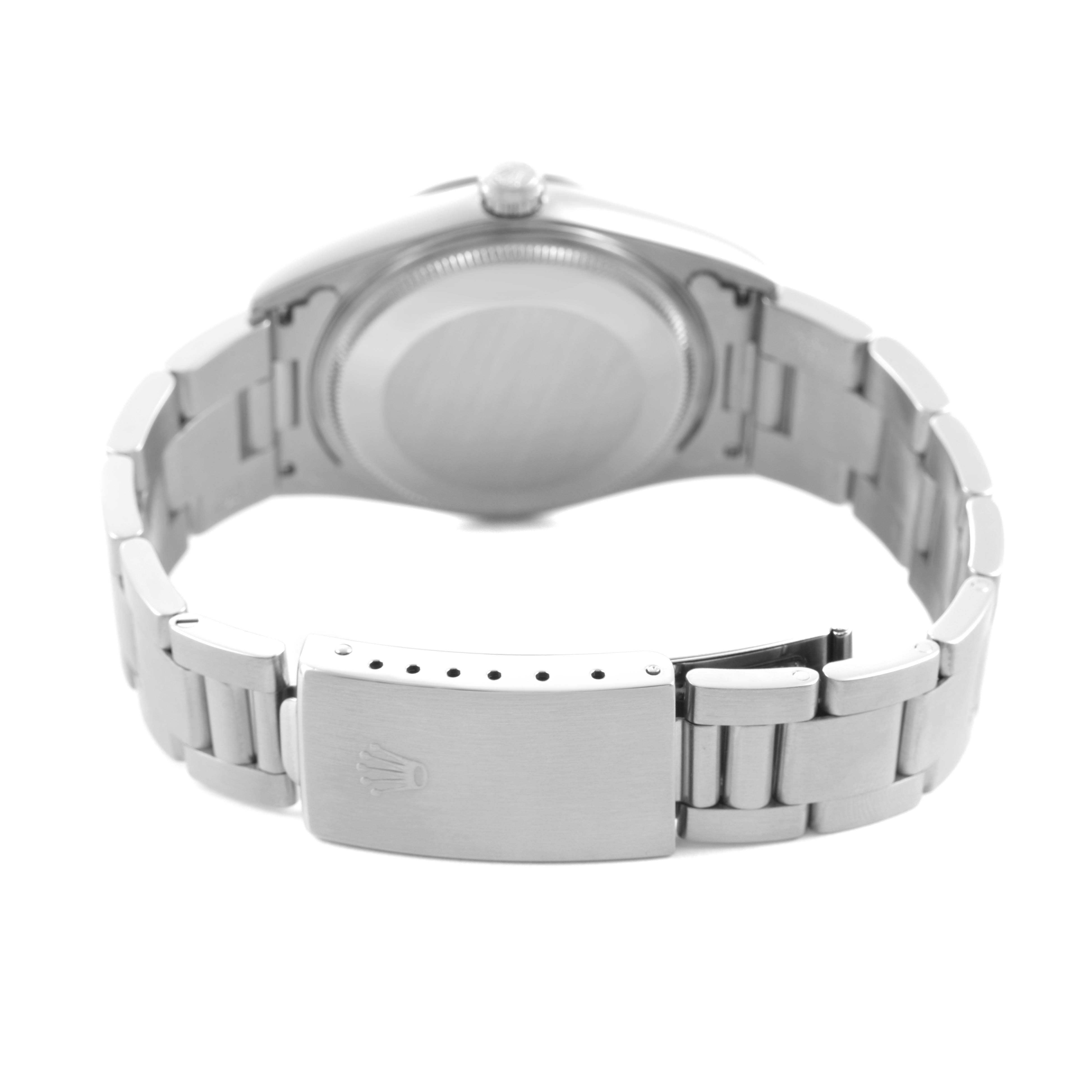 The image shows the back and bracelet of a Rolex Air-King 14000 Men's Stainless Steel Black Dial, focusing on the clasp and case back.