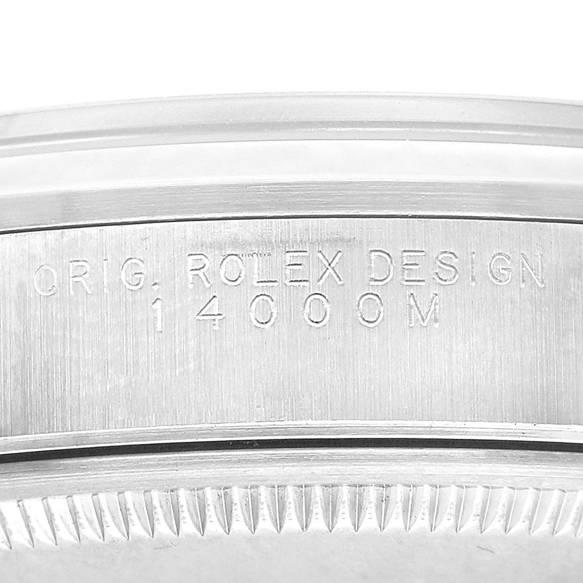 The image shows the side of a Rolex Air-King 14000 Men's Stainless Steel Black Dial watch with the model number "14000M" engraved on it.