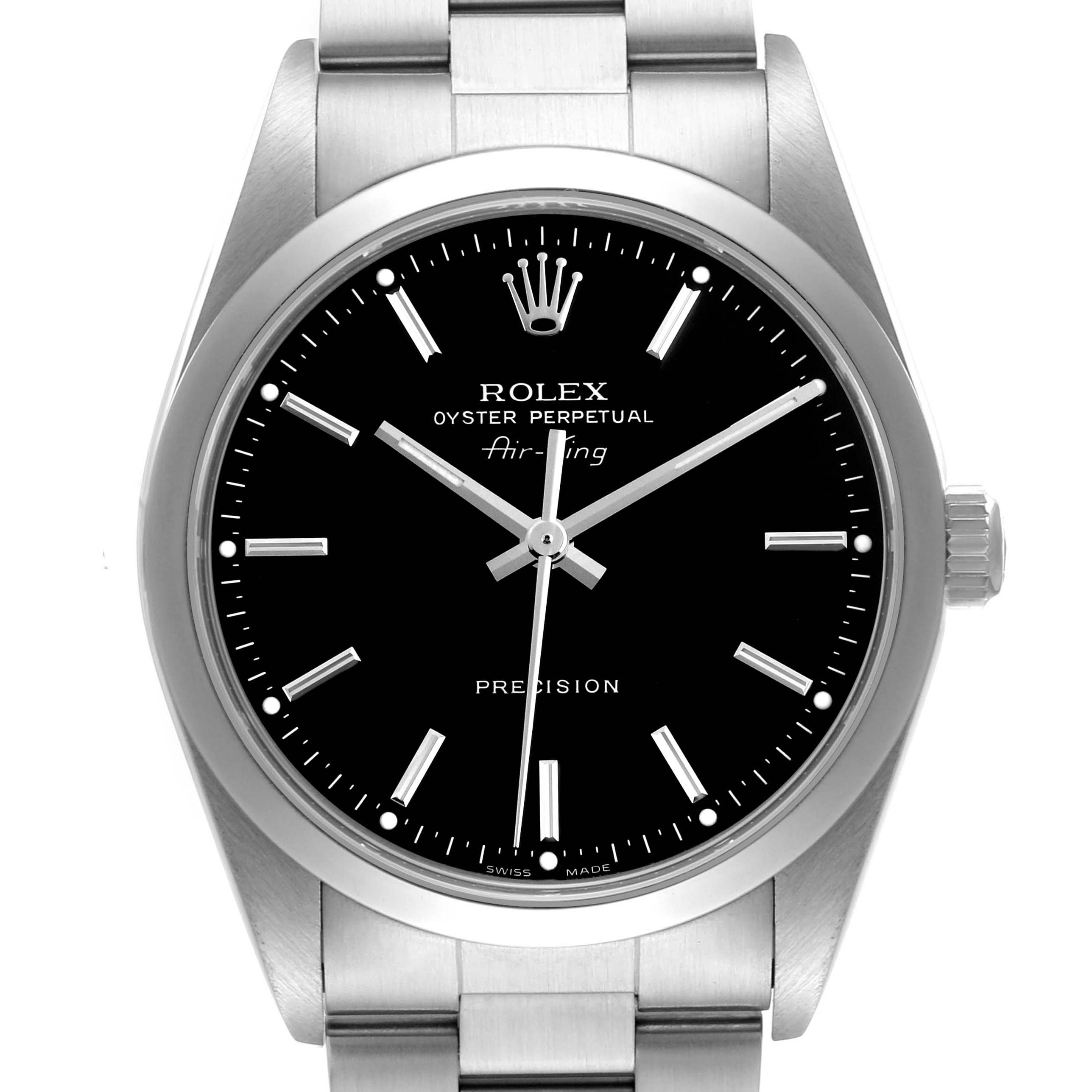 The Rolex Air-King 14000 Men's Stainless Steel Black Dial watch is shown from the front, displaying its dial, hour markers, hands, bezel, crown, and bracelet.