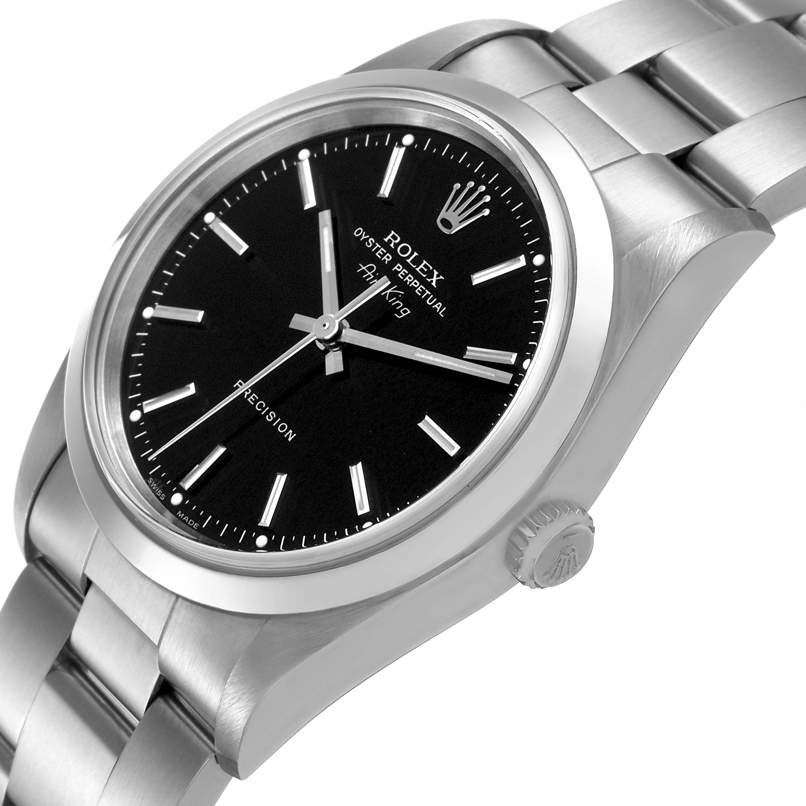 The Rolex Air-King 14000 Men's Stainless Steel Black Dial watch is shown from a slightly angled side view, highlighting the black dial, crown, and stainless steel bracelet.