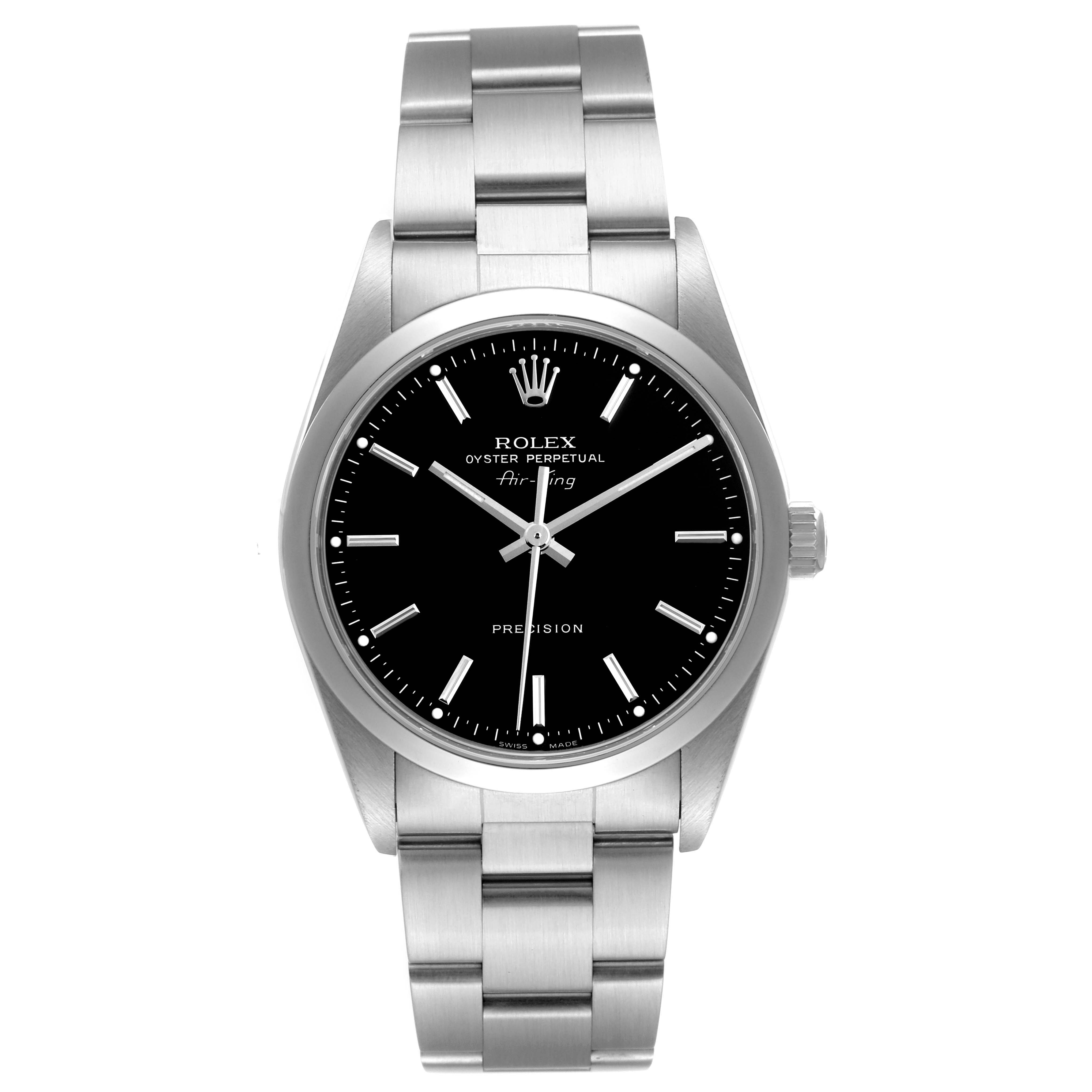 The Rolex Air-King 14000 Men's Stainless Steel Black Dial watch is shown from the front, highlighting the black dial, hour markers, hands, crown, and bracelet.
