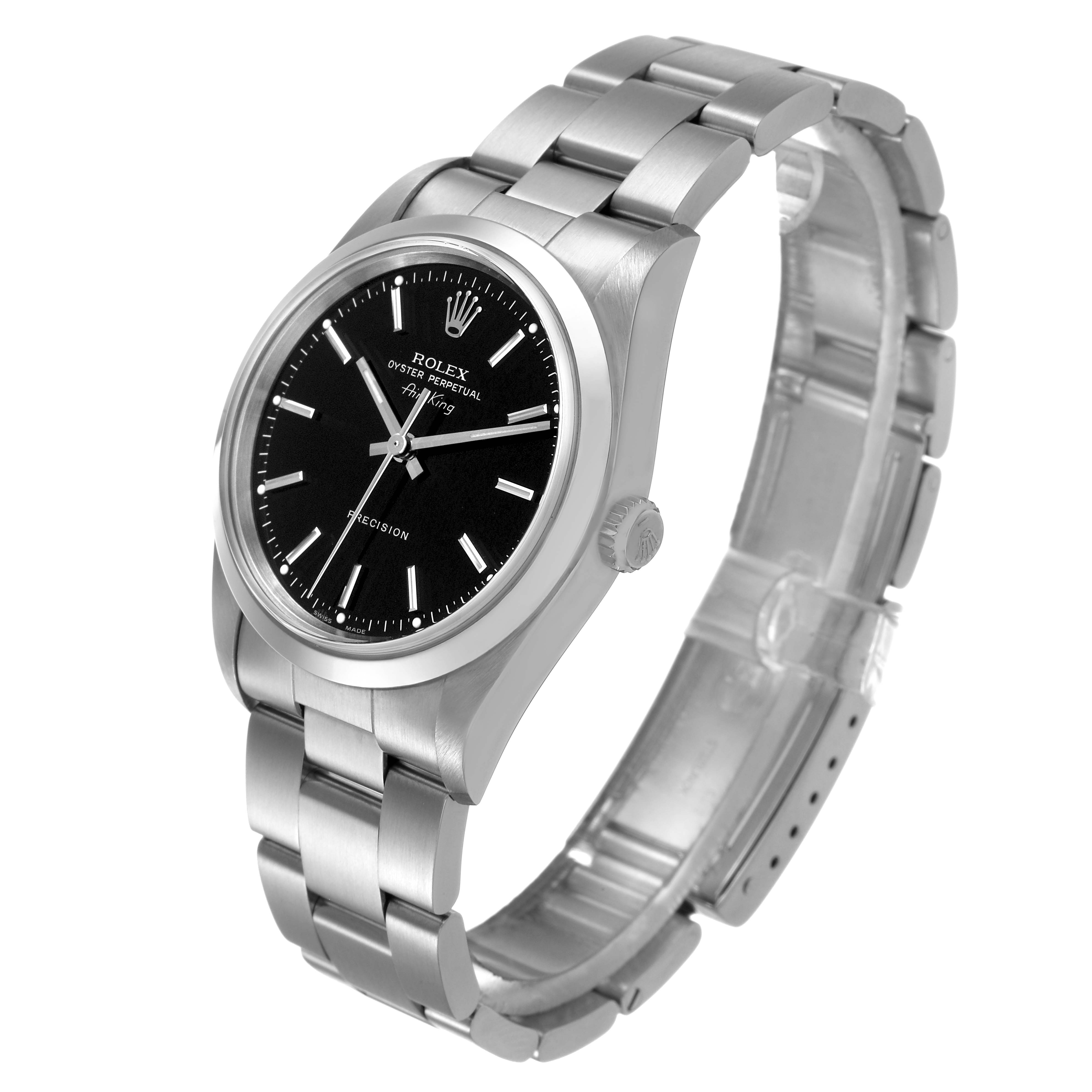 The Rolex Air-King 14000 Men's Stainless Steel Black Dial watch is shown at a slight angle, displaying the face, bezel, crown, and bracelet.