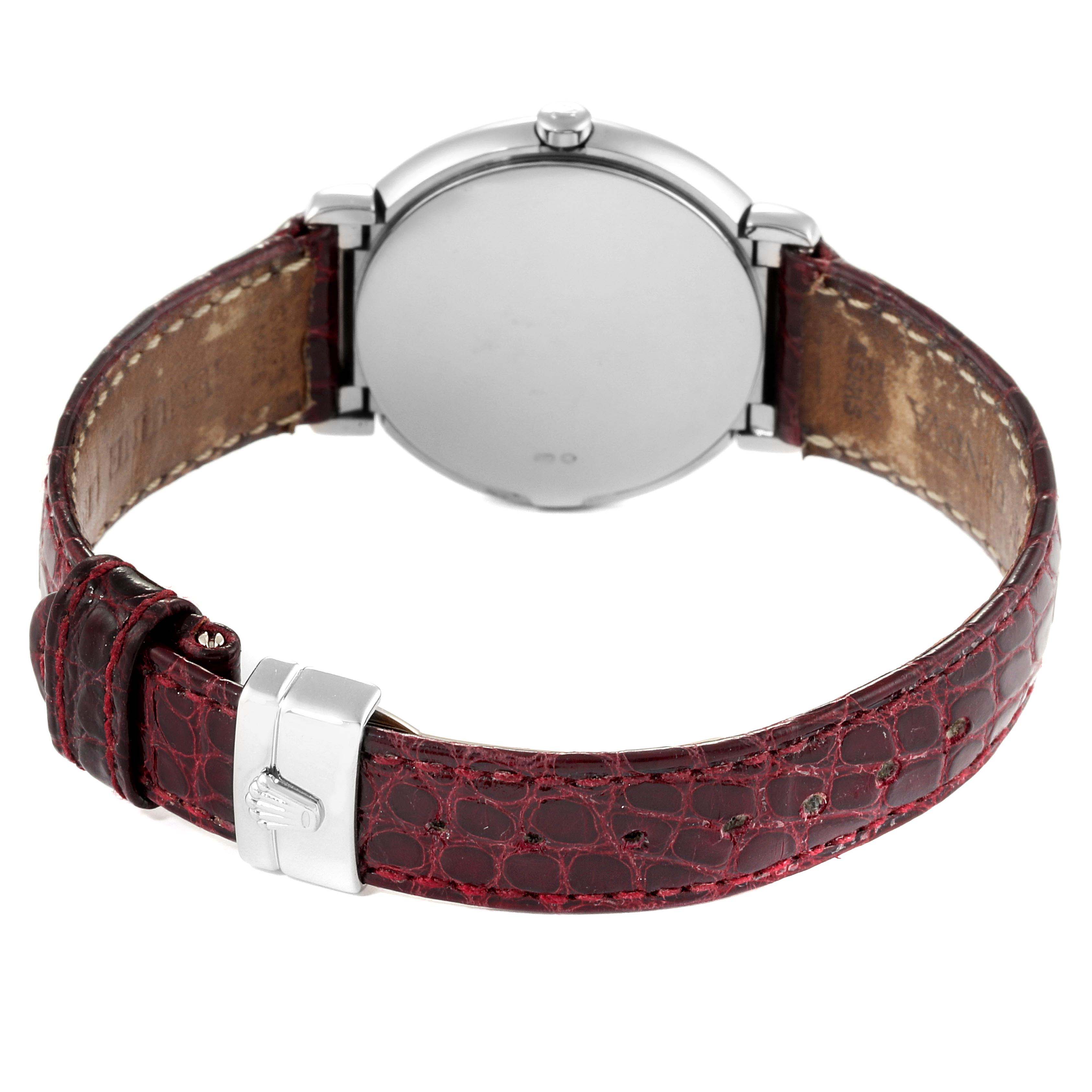 The image shows the back view of a Rolex Cellini 6683/9 Women's White Gold White Dial 6683/9 Women's White Gold White Dial watch with a red leather strap and clasp.