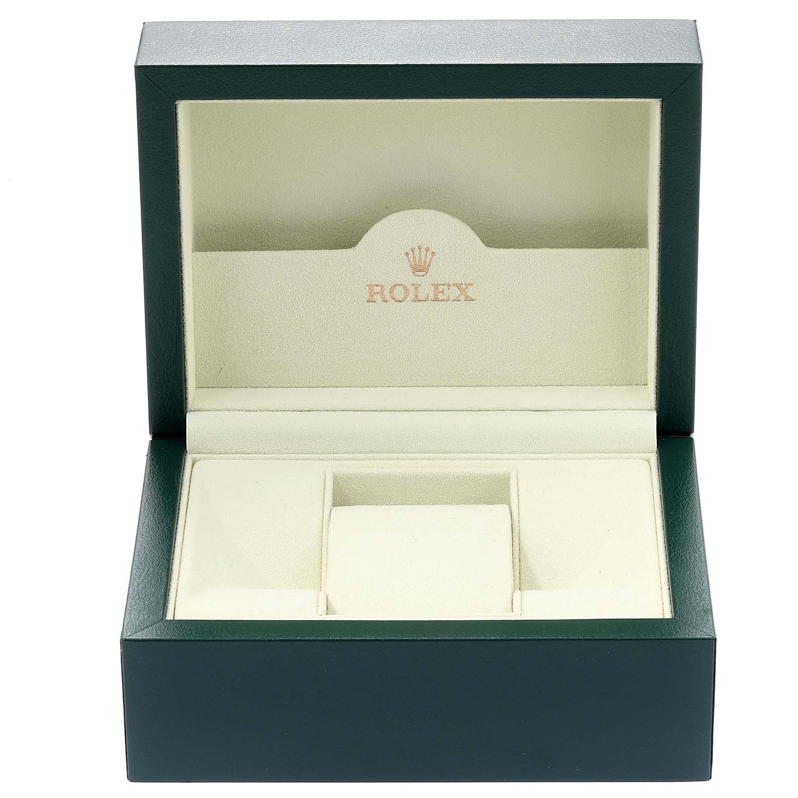 This image shows an open Rolex Cellini 6683/9 Women's White Gold White Dial 6683/9 Women's White Gold White Dial watch box, featuring compartments for the watch and other accessories.
