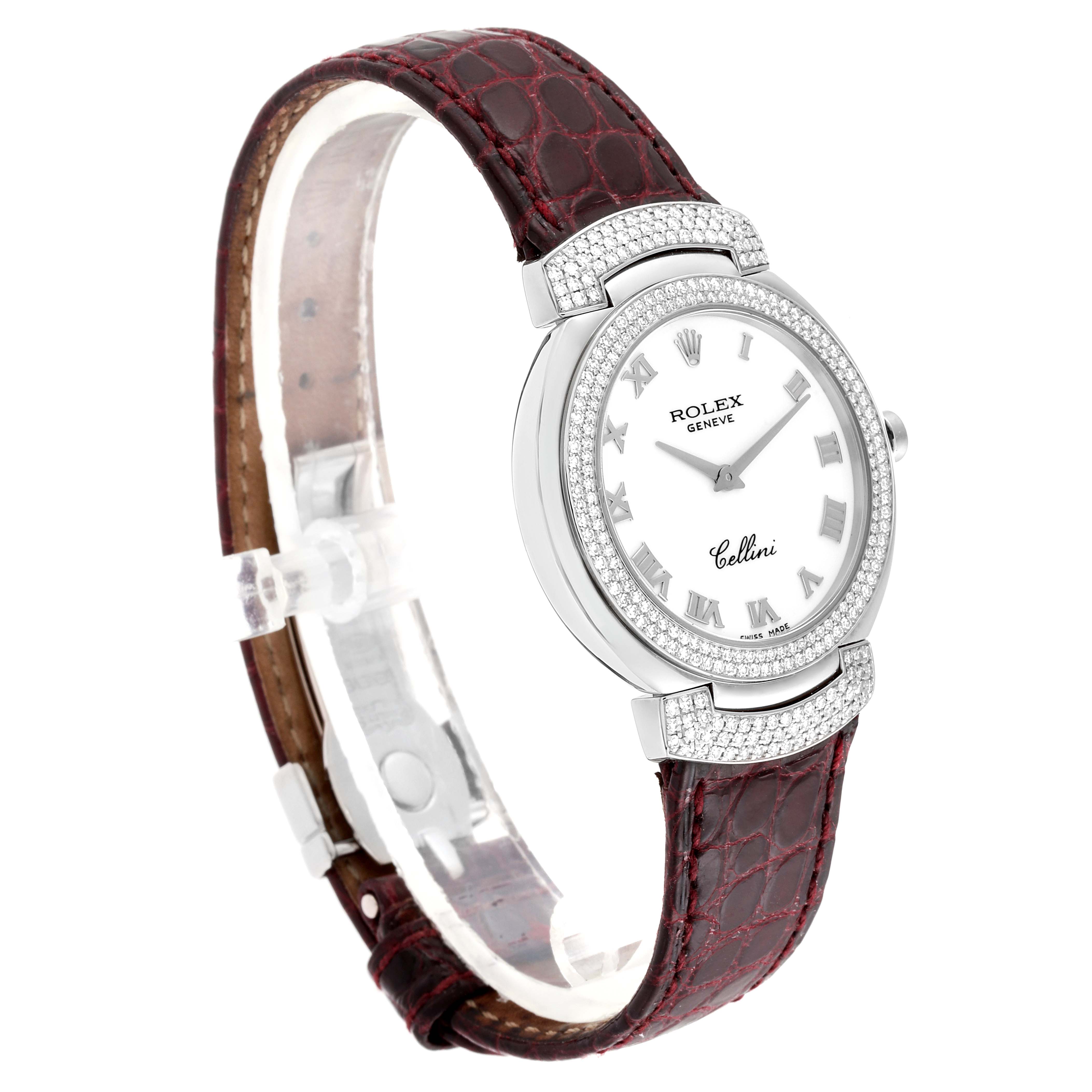 The Rolex Cellini 6683/9 Women's White Gold White Dial 6683/9 Women's White Gold White Dial watch is shown at a slight angle, displaying the face, bezel, and leather strap.