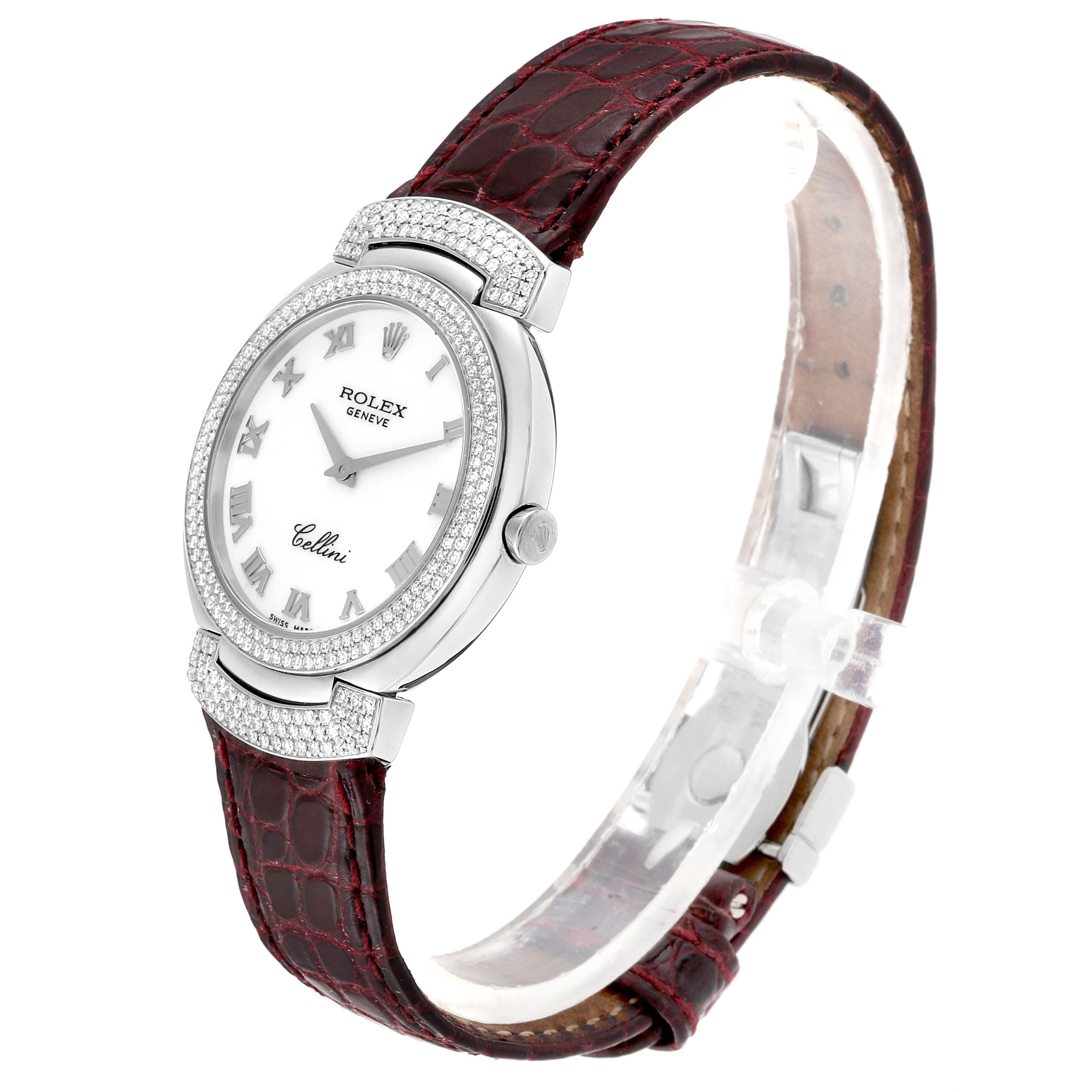 The image shows a side angle view of the Rolex Cellini 6683/9 Women's White Gold White Dial 6683/9 Women's White Gold White Dial watch with its face, bezel, crown, and leather strap visible.