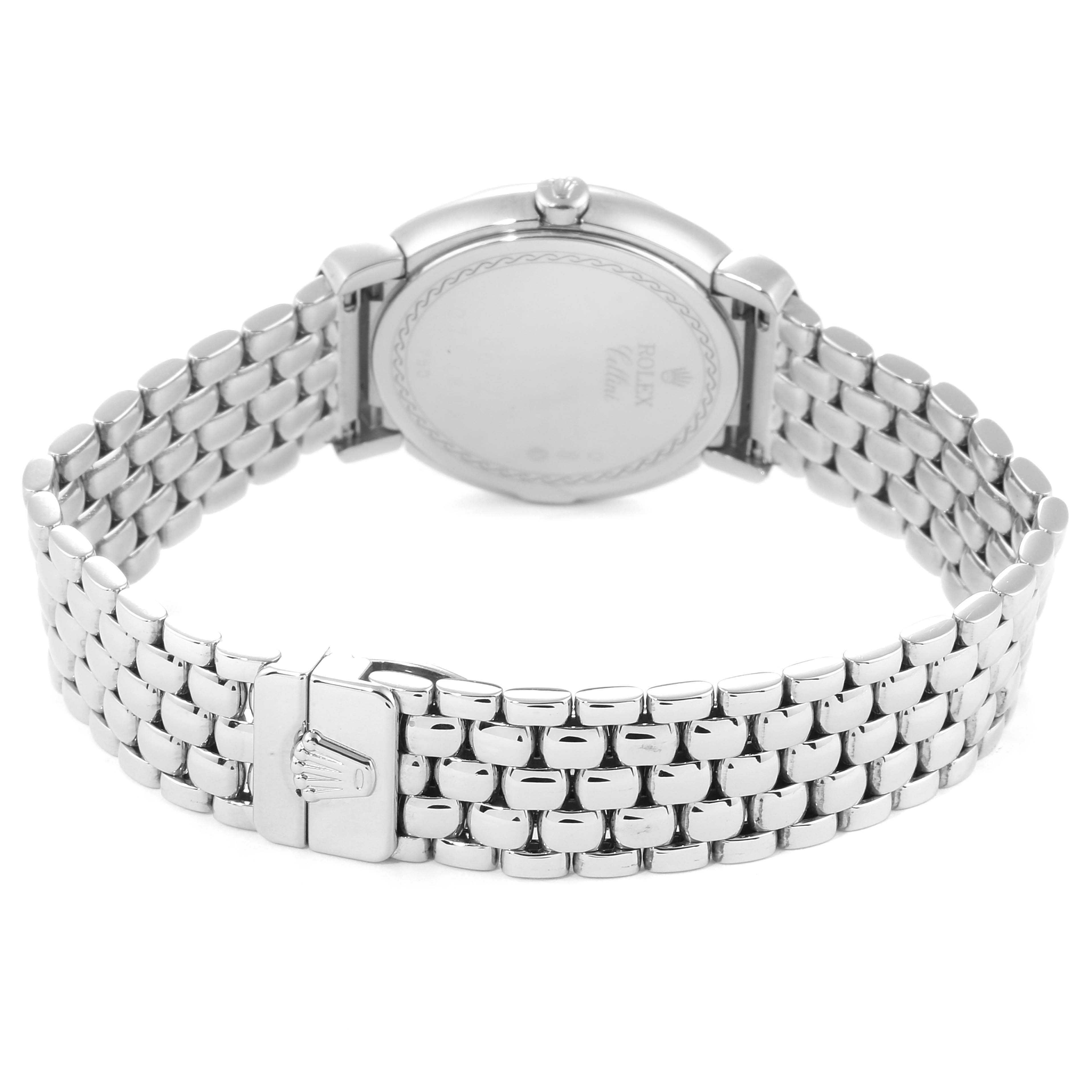 The image shows the back view of a Rolex Cellini 6672 Women's White Gold Silver Dial 6672 Women's White Gold Silver Dial watch, highlighting the case back and the metal bracelet with a clasp.