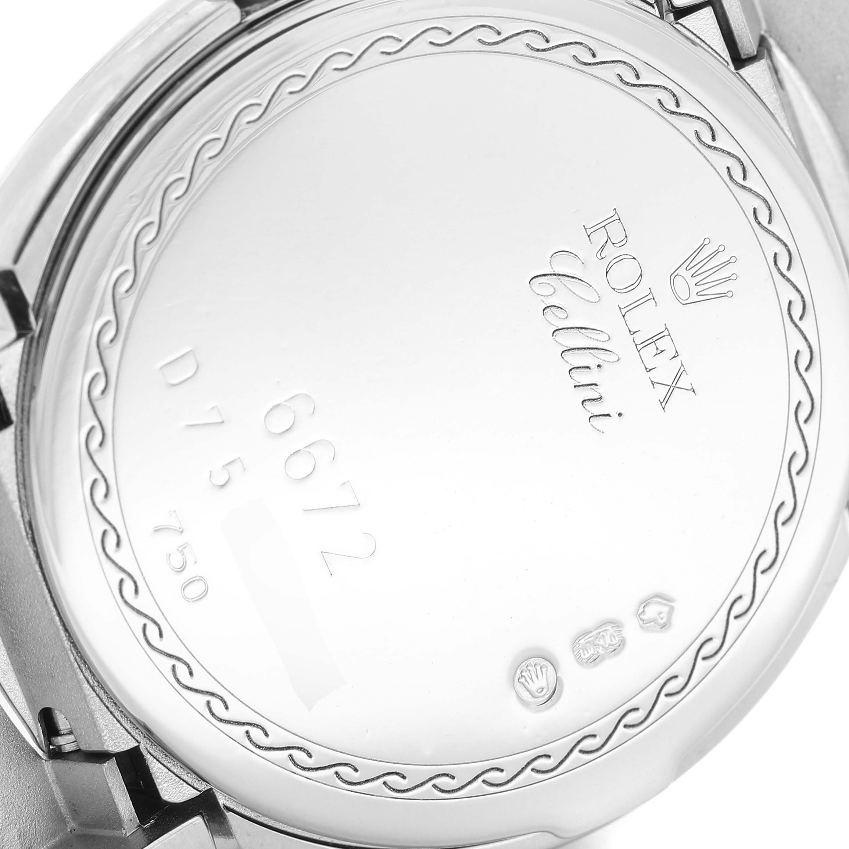 The image shows the engraved case back of the Rolex Cellini 6672 Women's White Gold Silver Dial 6672 Women's White Gold Silver Dial watch, highlighting the brand, model name, and serial number.